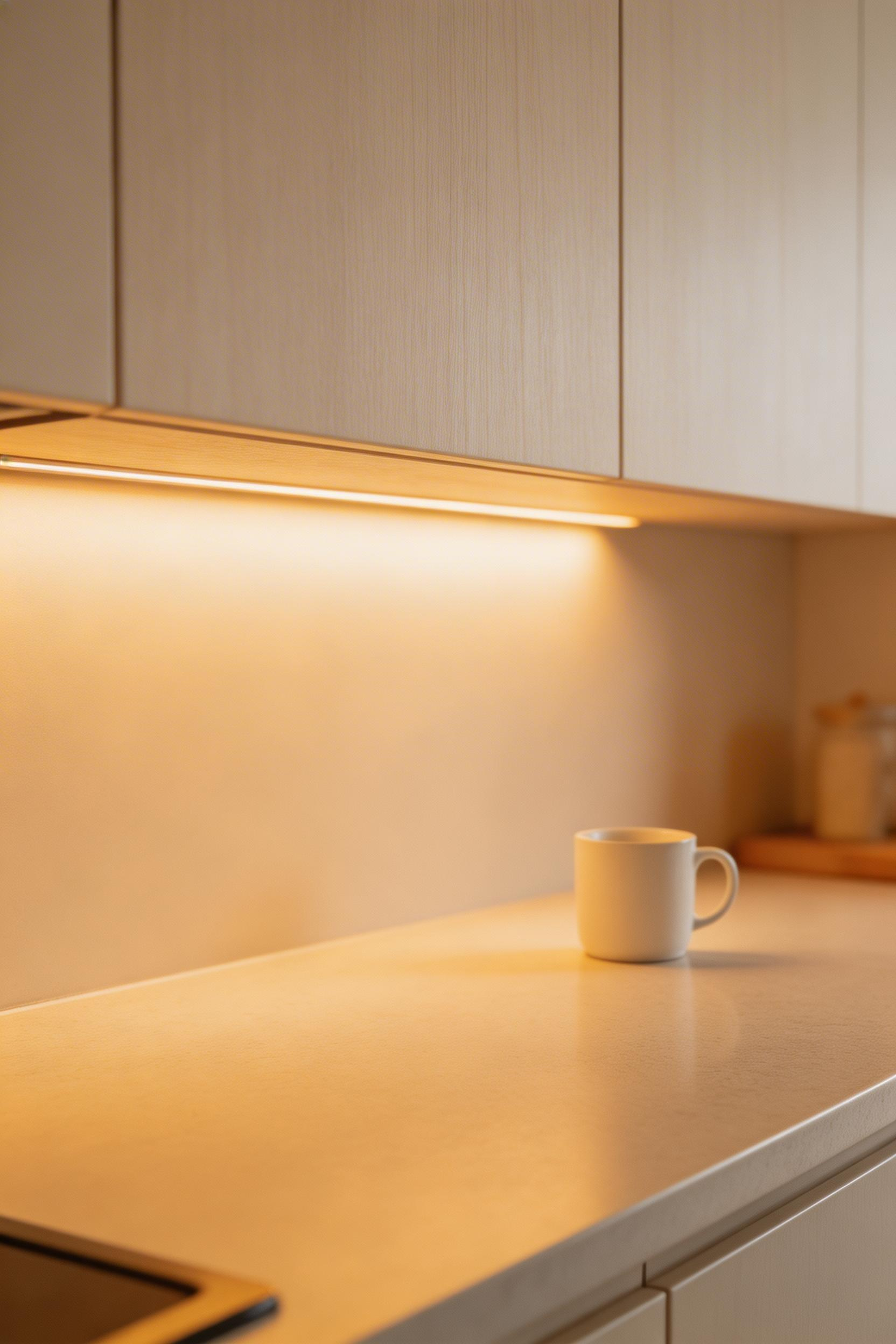 Warm, well-hidden under-cabinet lighting is the soul of a functional minimalist kitchen design. It creates both visibility and calm.
