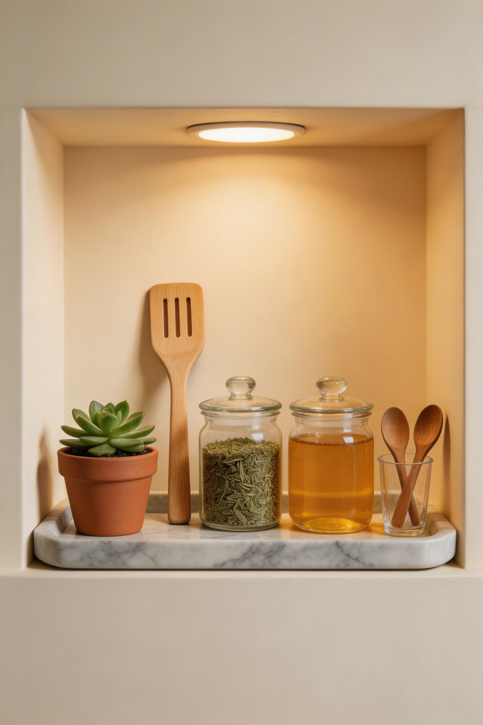 A small designated display zone with 3-5 objects creates intentional beauty and accessibility—the philosophy of minimalist kitchen design.