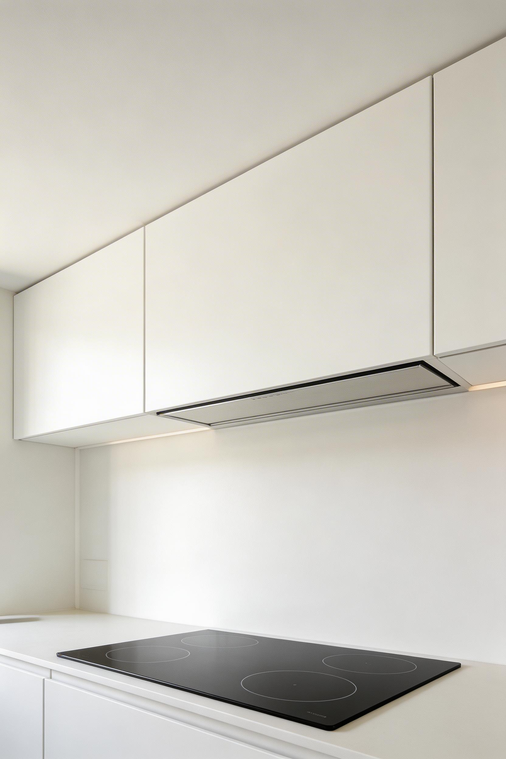 A fully integrated range hood maintains the clean lines of minimalist kitchen design while providing essential ventilation and air quality.