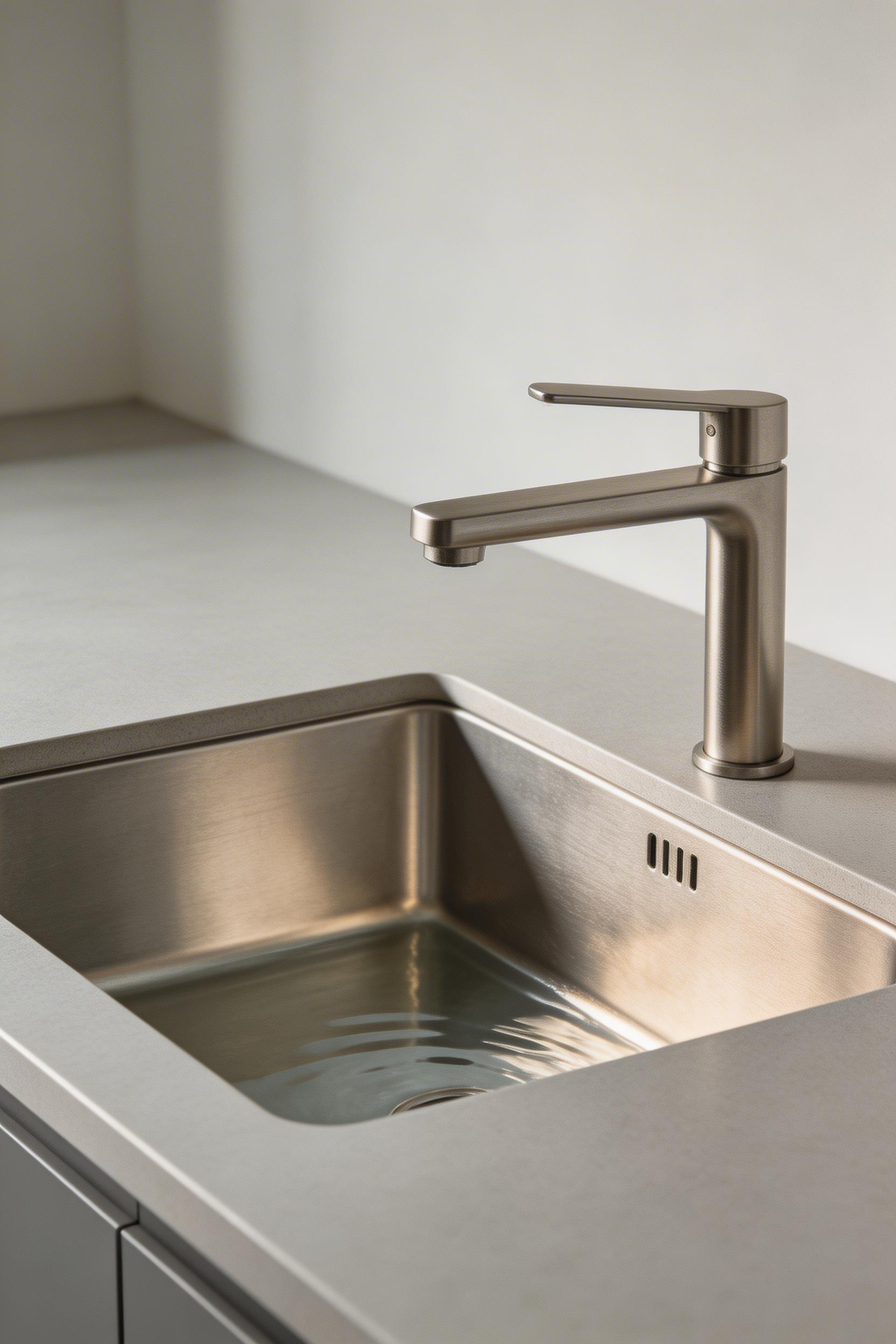 A single deep basin with simple single-lever tap is the functional heart of minimalist kitchen design—beautiful, intentional, and perfectly proportioned.