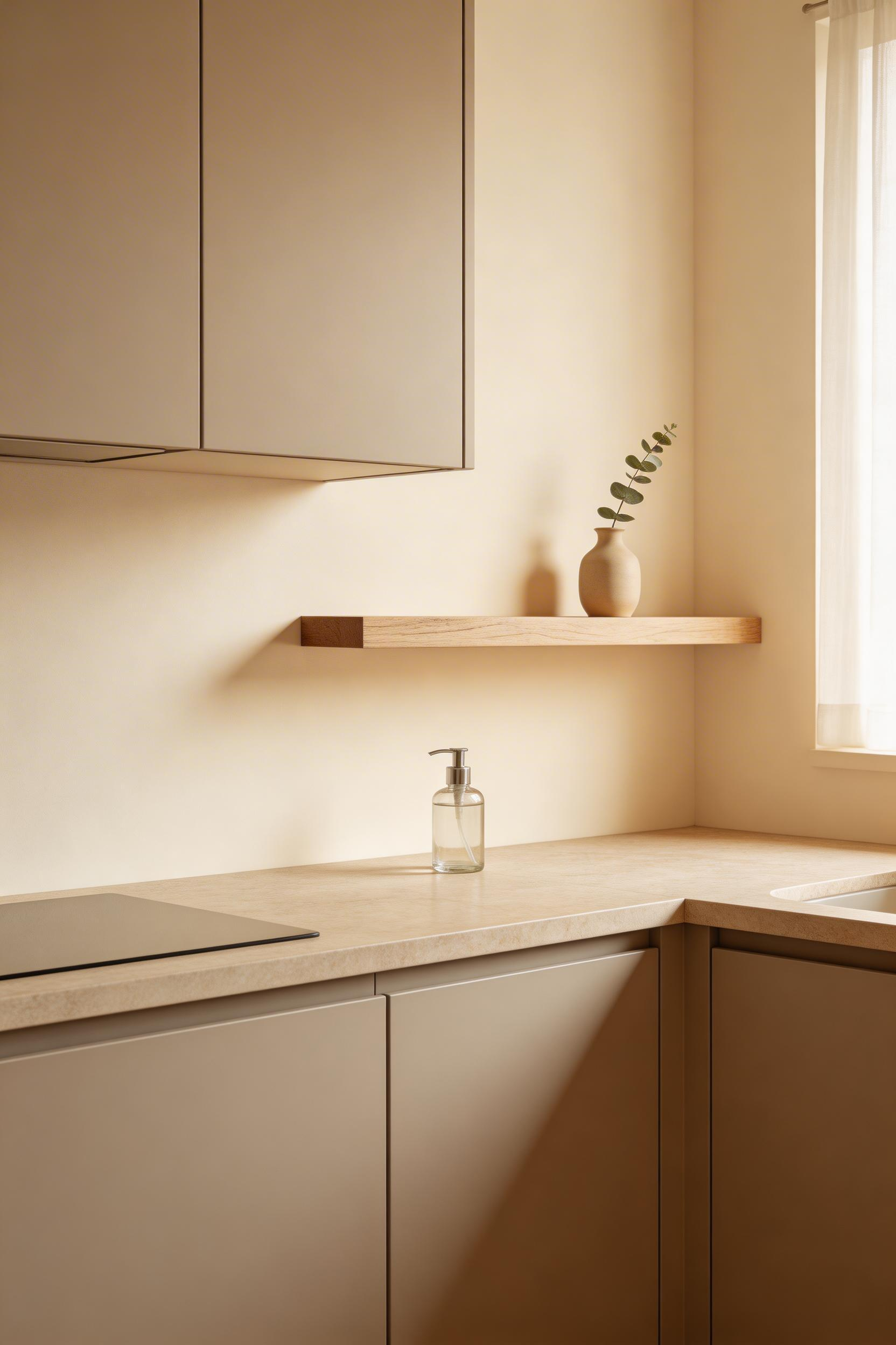 Three carefully chosen textures—matte cabinetry, stone, and timber—create sophisticated depth while maintaining the calm of minimalist kitchen design.