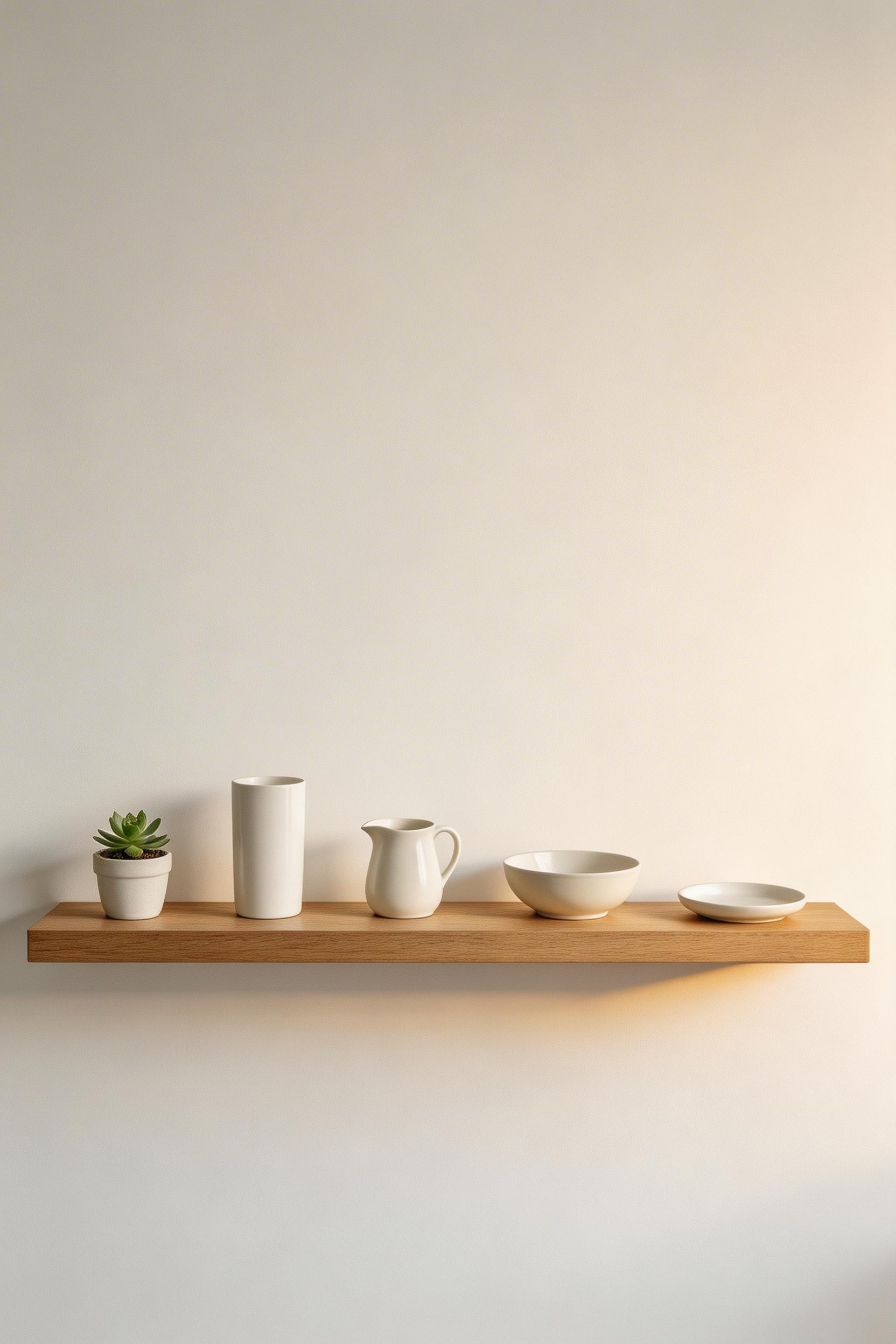 Strategic open shelving with substantial negative space defines minimalist kitchen design. Empty space is as important as the objects displayed.