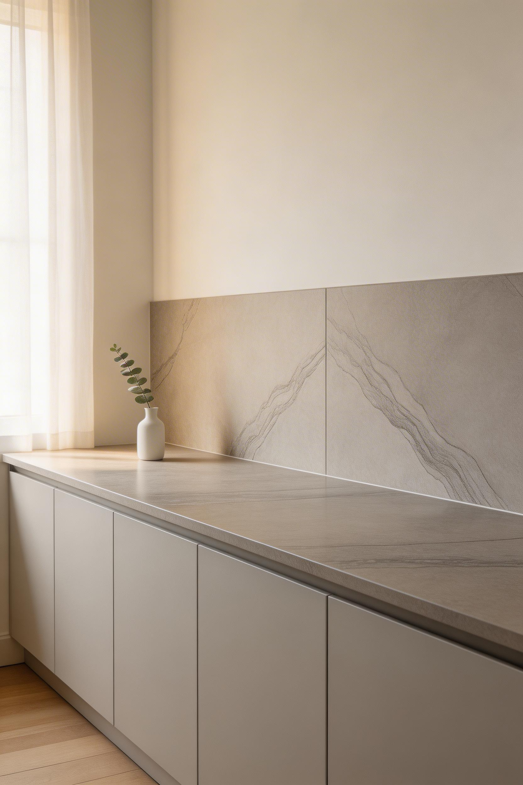 A single hero material repeated across worktops and backsplash creates visual continuity and calm—the essence of minimalist kitchen design.