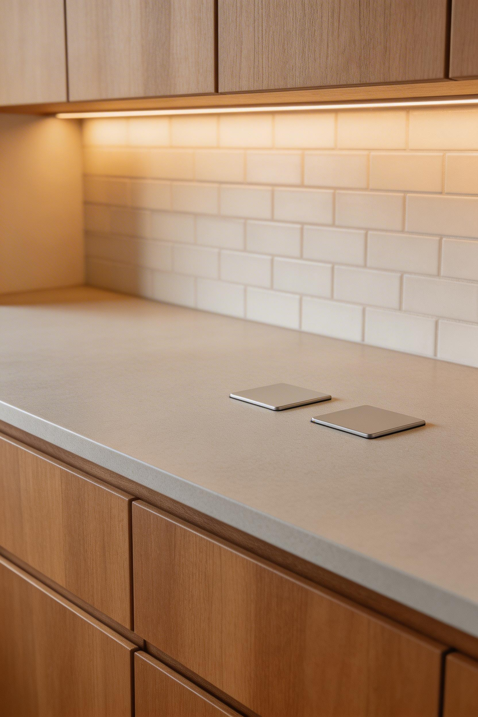 Pop-up outlets and concealed switches eliminate visual clutter from the kitchen environment—a key principle of minimalist kitchen design.