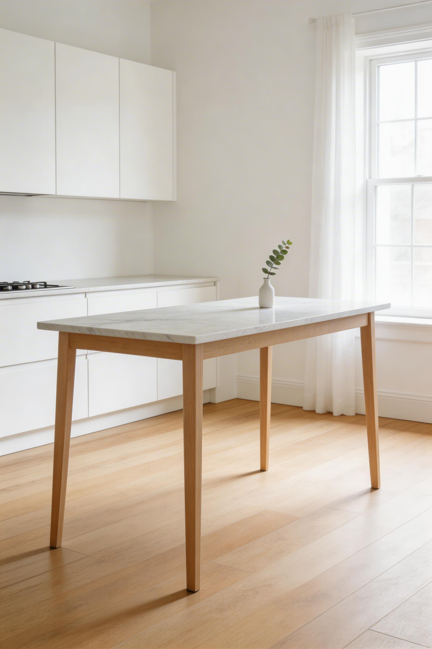 A minimal island with open legs and single-function purpose creates negative space and calm—core principles of minimalist kitchen design.