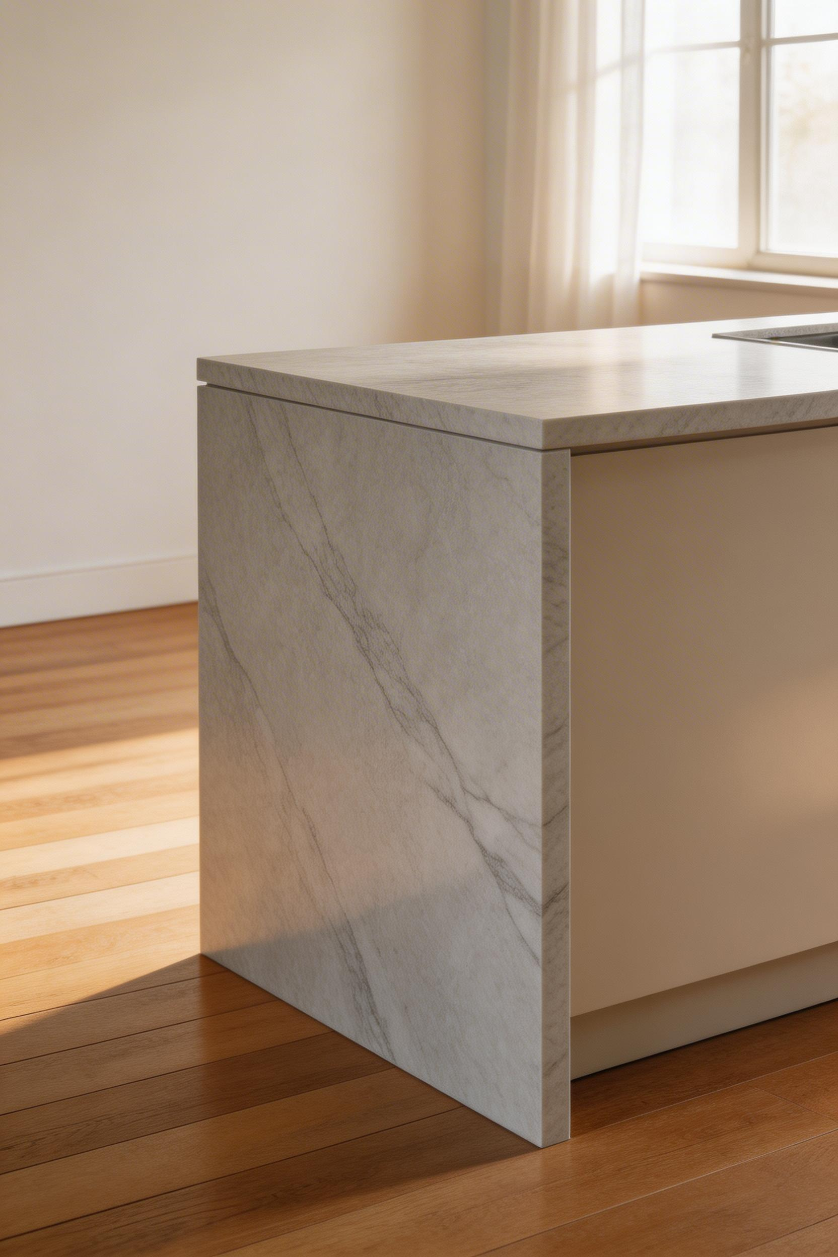 A waterfall countertop creates visual drama while maintaining the calm simplicity of minimalist kitchen design. The technique uses bookmatched stone for seamless continuity.