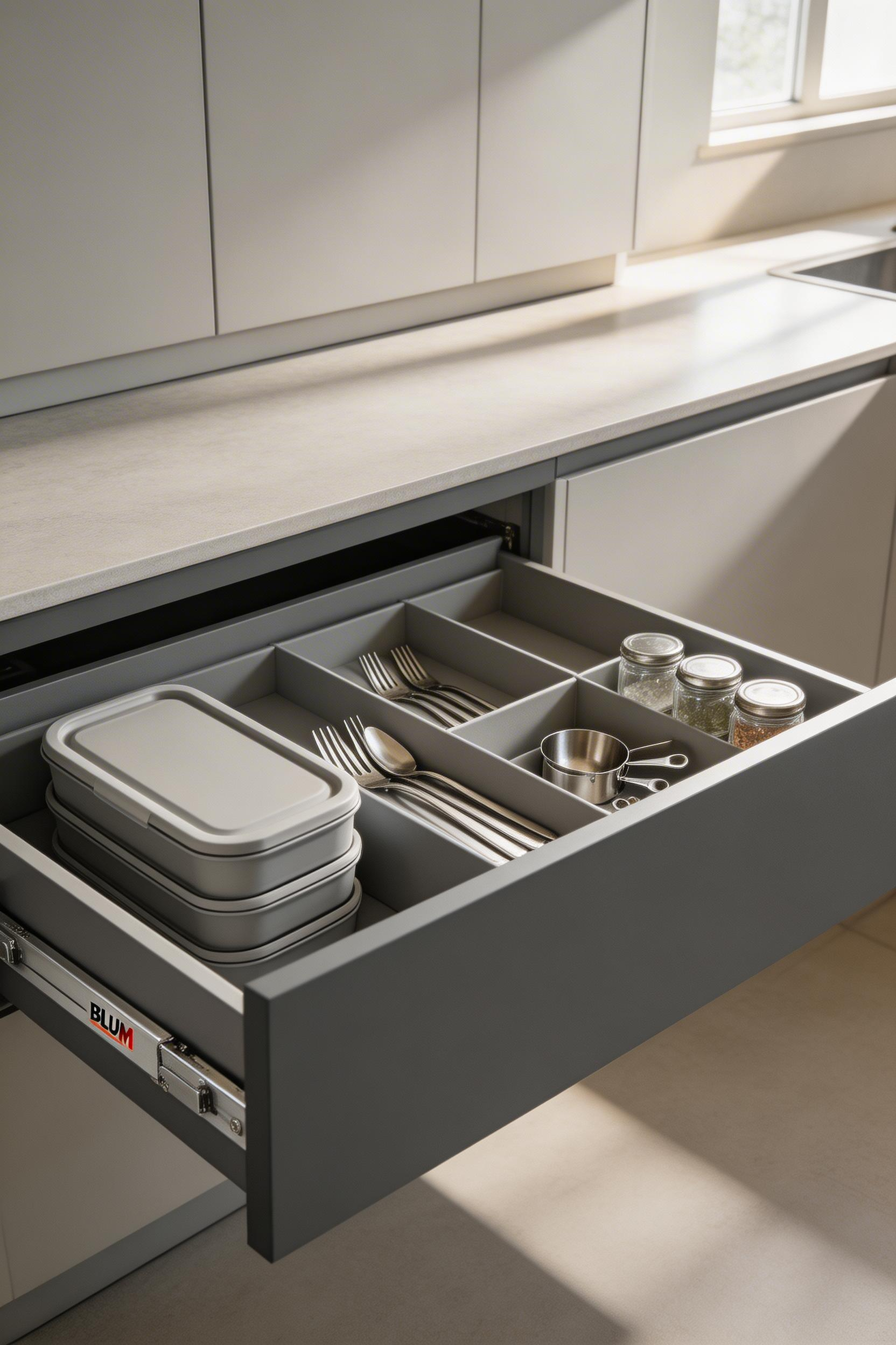 Deep soft-close drawers with internal organization bring order and visibility to kitchen storage—essential to minimalist kitchen design functionality.