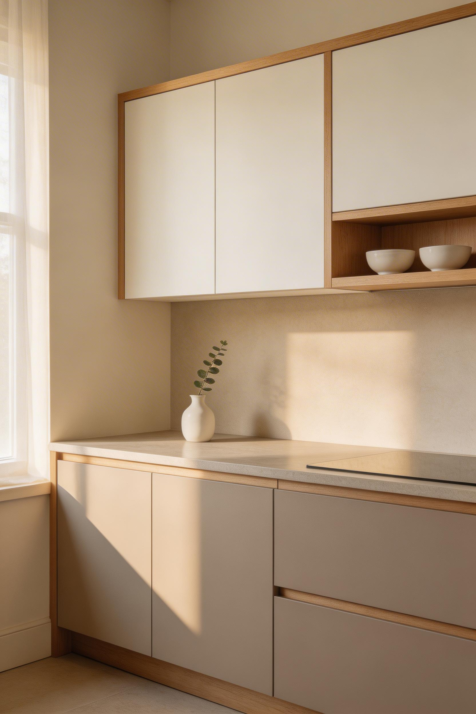 A controlled neutral palette with warm undertones creates visual calm without feeling cold or institutional. This is the foundation of effective minimalist kitchen design.