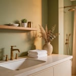 A spa-like bathroom retreat where warm amber lighting, aged brass fixtures, natural linen, and biophilic plant decor come together — the result of a series of small, deliberate bathroom decor ideas layered over time.