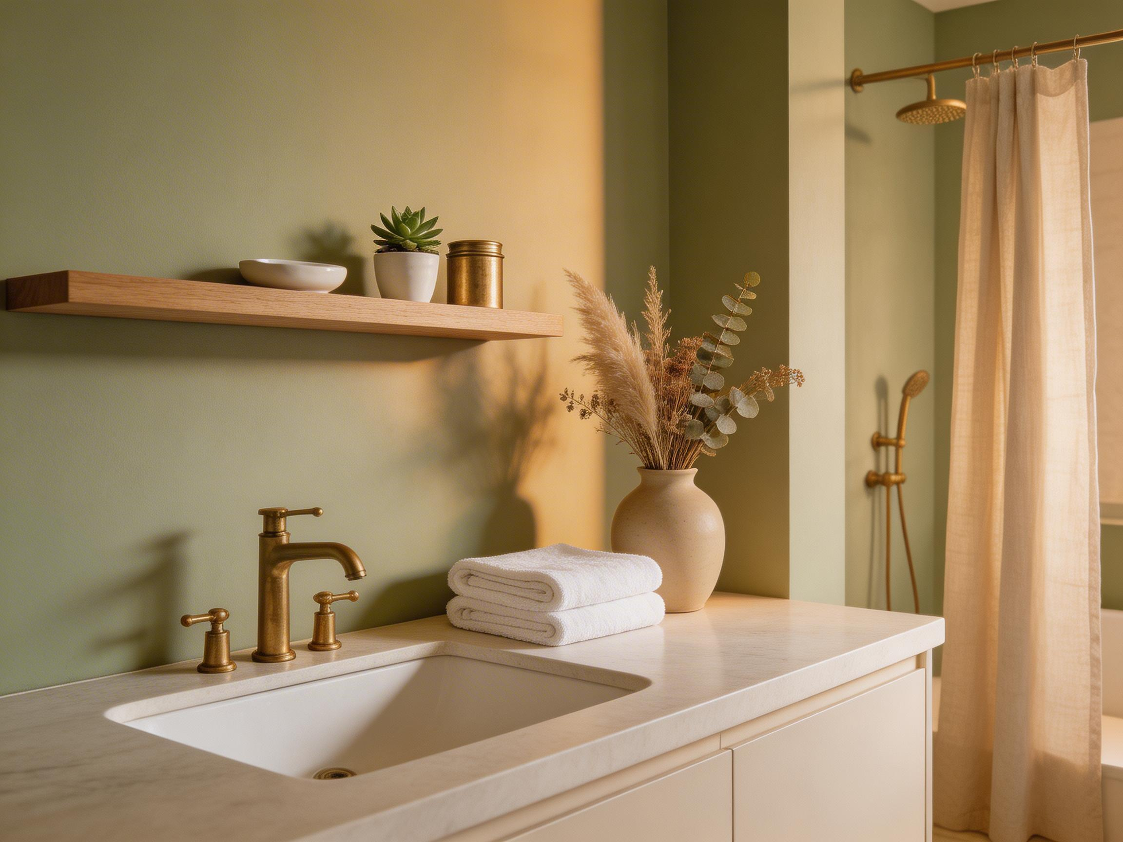 A spa-like bathroom retreat where warm amber lighting, aged brass fixtures, natural linen, and biophilic plant decor come together — the result of a series of small, deliberate bathroom decor ideas layered over time.