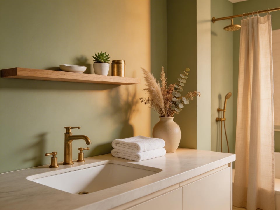 A spa-like bathroom retreat where warm amber lighting, aged brass fixtures, natural linen, and biophilic plant decor come together — the result of a series of small, deliberate bathroom decor ideas layered over time.