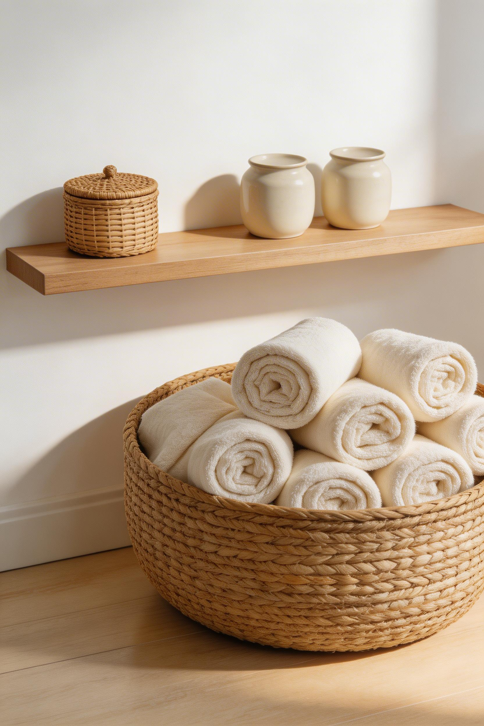 A large seagrass floor basket and a smaller rattan shelf basket turn bathroom storage into a layered decor moment — the natural fibres bringing warmth to an otherwise hard-surface room.