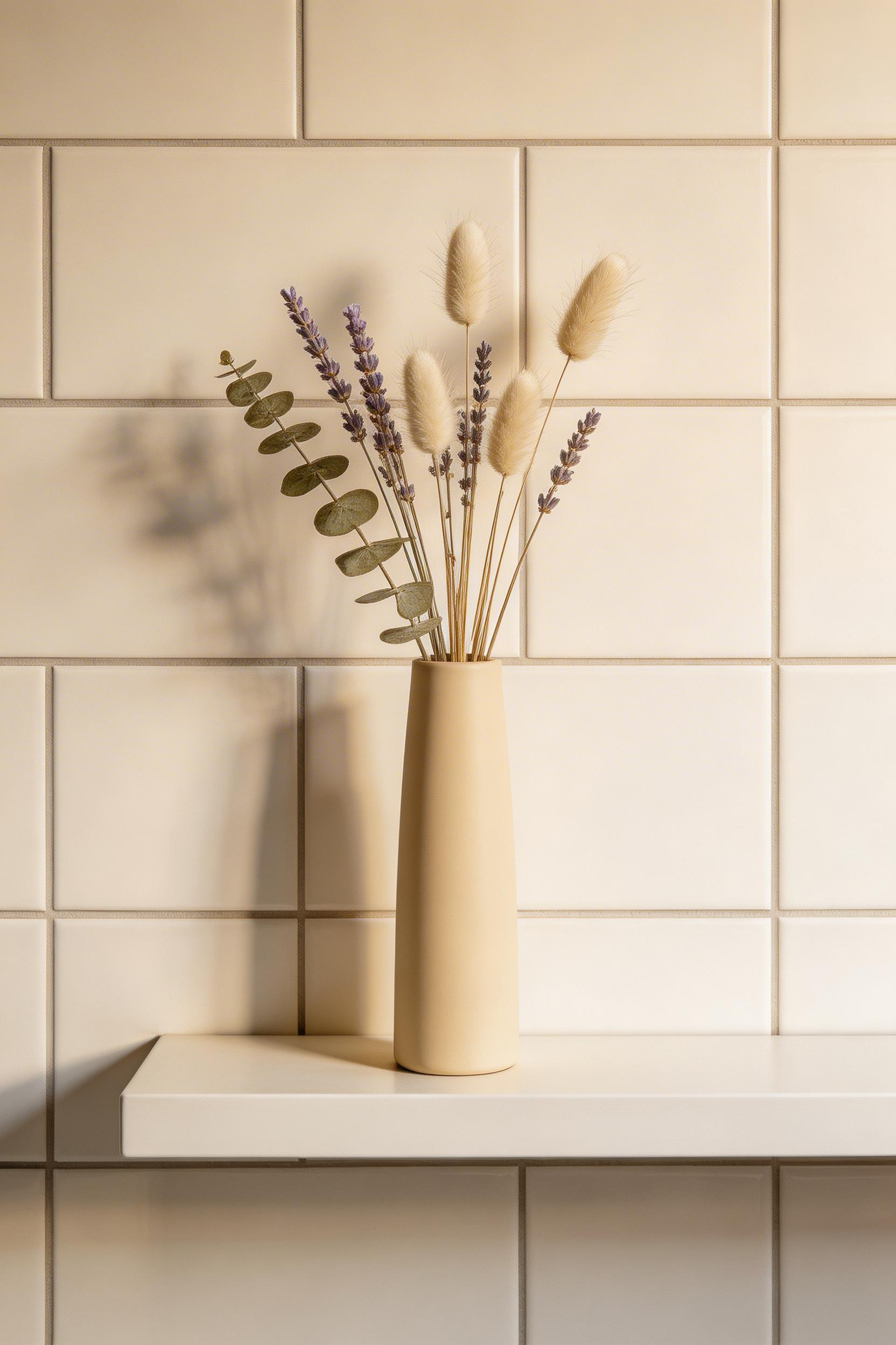 Bunny tails, dried lavender, and eucalyptus stems in a tall ceramic vase — a low-maintenance bathroom botanical arrangement that holds its character for years without any care.