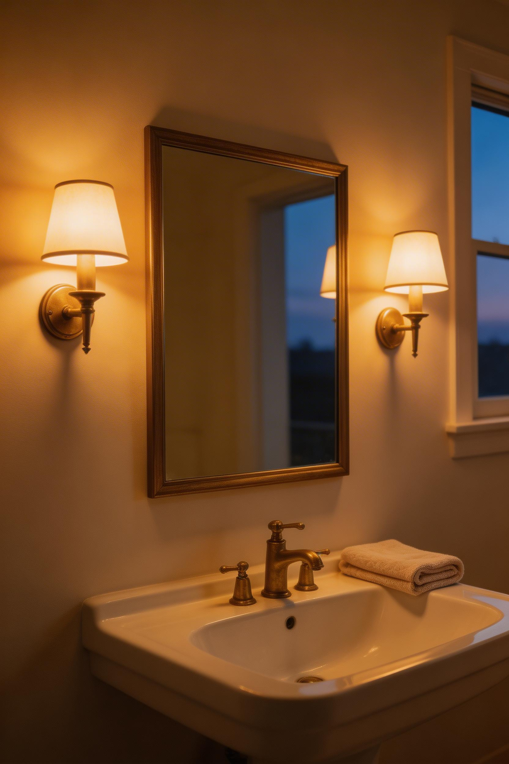 A pair of warm 2700K wall sconces flanking a bathroom mirror replaces clinical overhead light with the amber glow that makes a bathroom feel like a spa rather than a utility room.