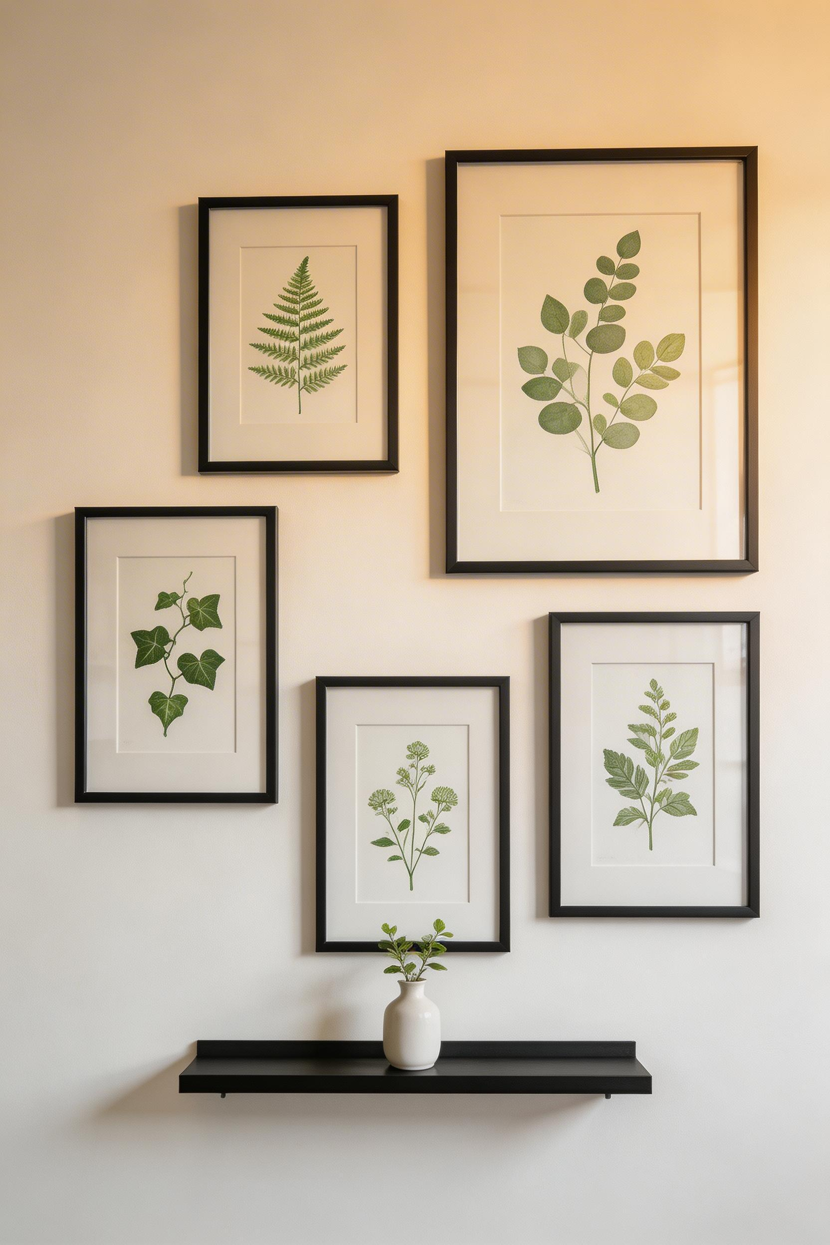 A bathroom gallery wall of botanical prints in black metal frames with acrylic glazing creates a curated, steam-safe display that brings biophilic warmth to wall space that usually goes unused.