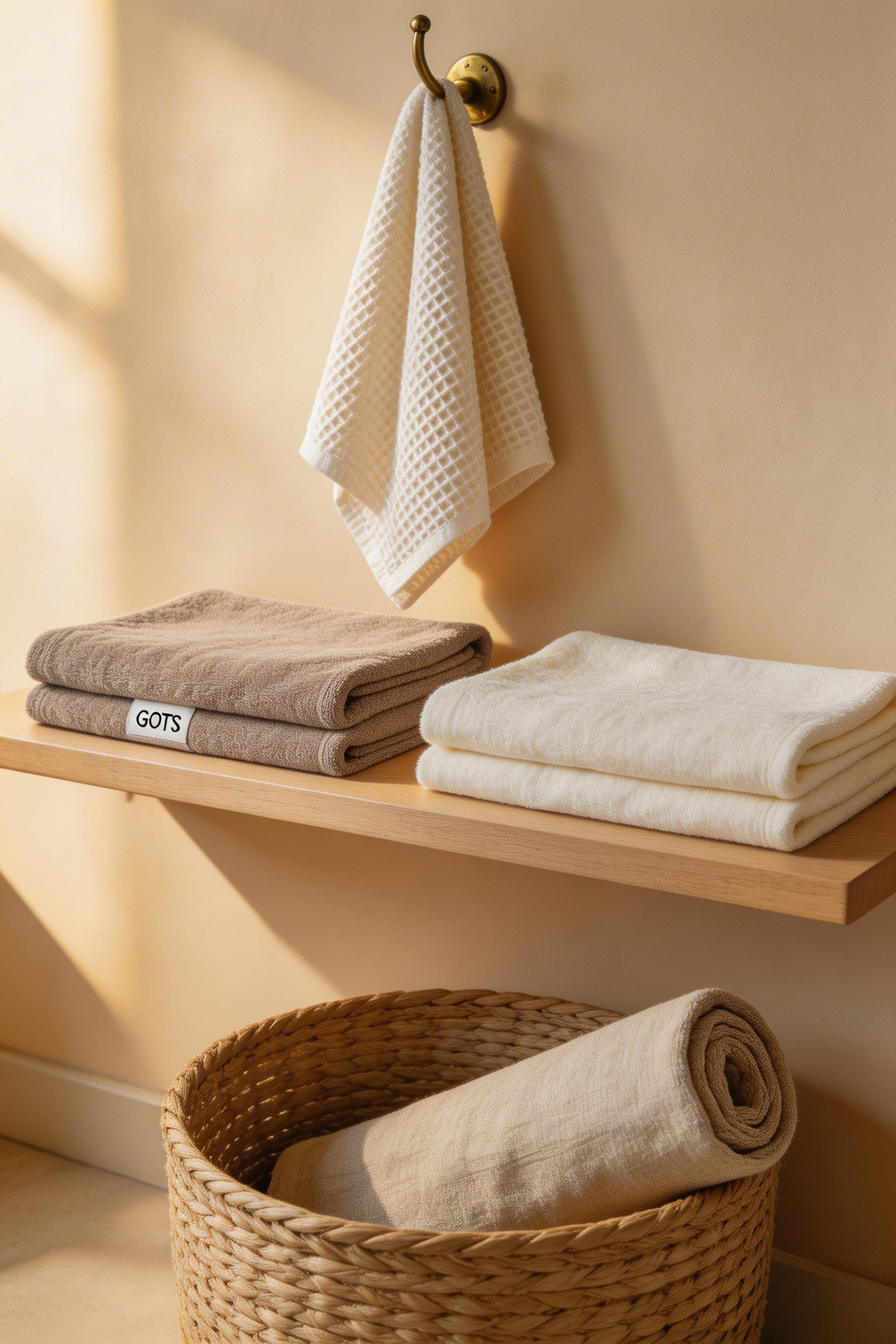 GOTS organic cotton towels in warm stone and natural tones folded on a bathroom shelf — the textile upgrade that changes how a bathroom feels before you've changed a single visual element.