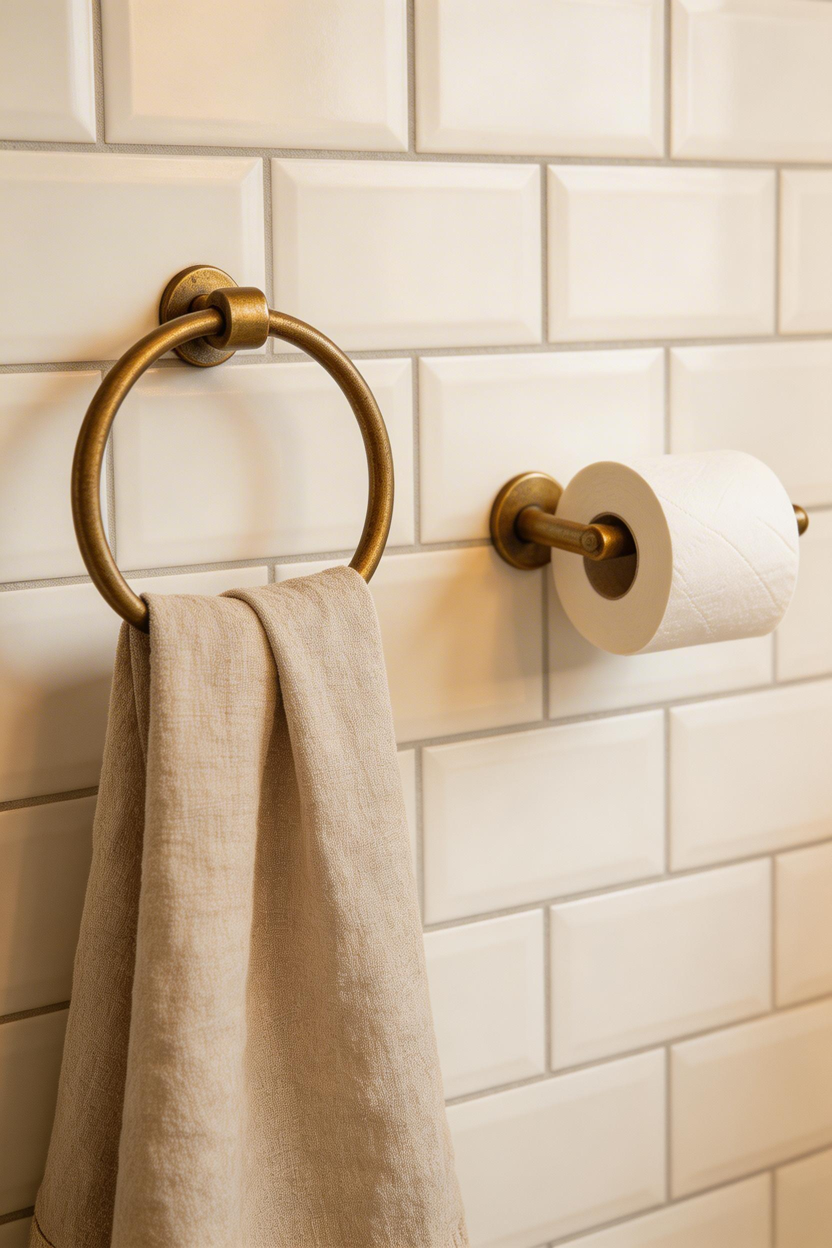 Aged brass bathroom hardware in warm patina tones immediately shifts a bathroom away from the clinical chrome aesthetic — the natural finish develops character over time in a humid environment.