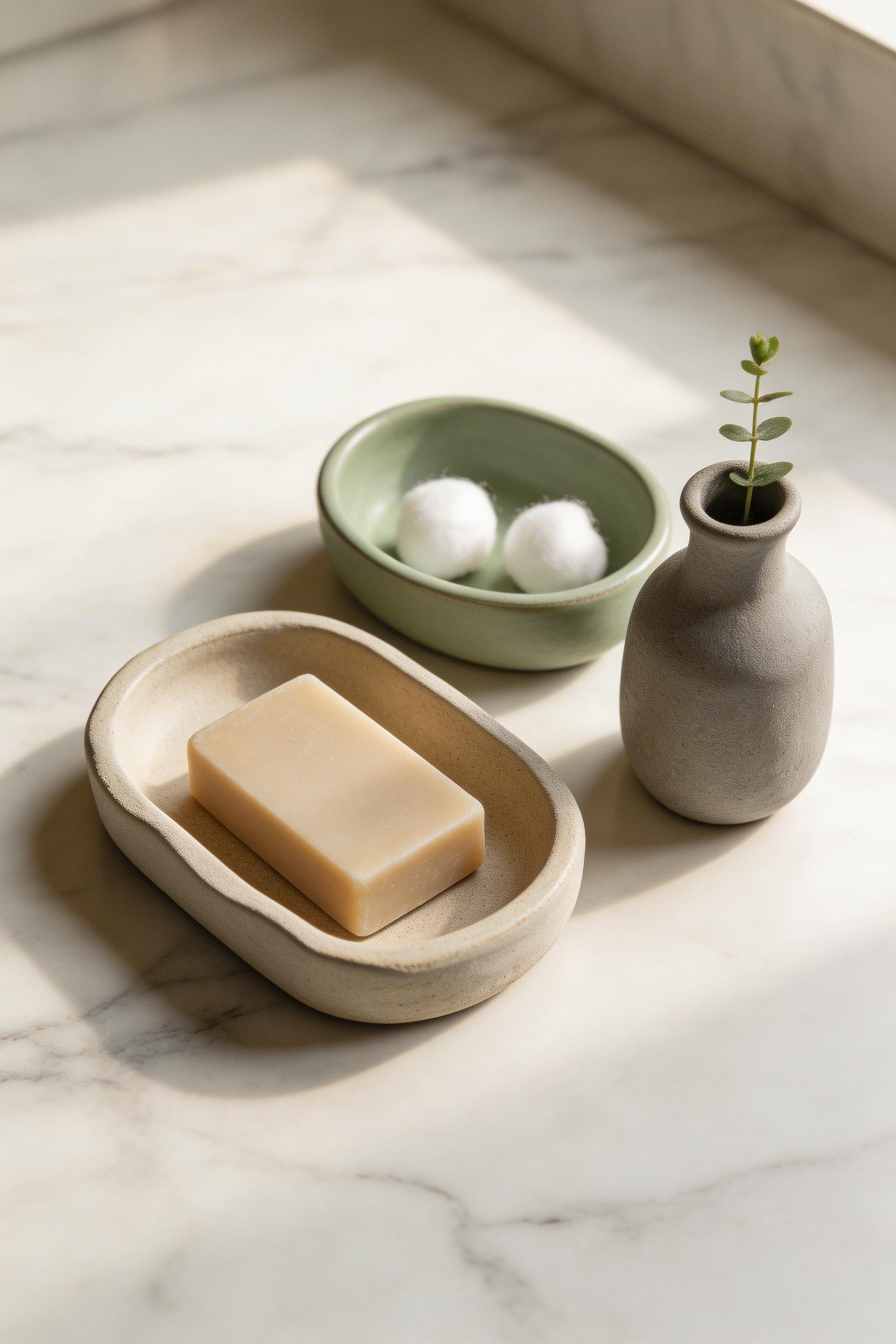 Hand-thrown stoneware soap dishes and ceramic vanity trays in earthy matte glazes bring the kind of quiet craft quality that no mass-produced bathroom accessory set can offer.