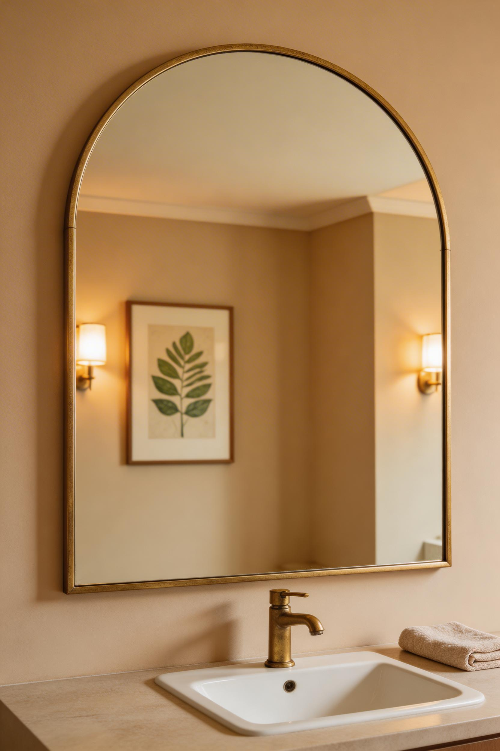A large arch mirror in an aged brass frame above the vanity sink — the architectural anchor that reflects light, creates depth, and ties the whole bathroom decor together.