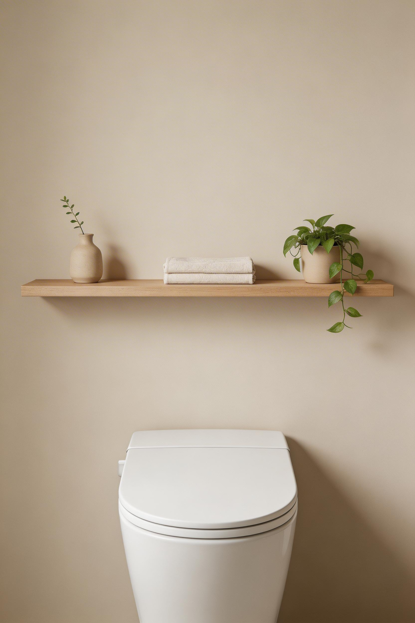 A floating oak shelf with three carefully chosen objects and generous negative space between them — the Japandi approach to bathroom decor that makes small spaces feel intentional rather than crowded.