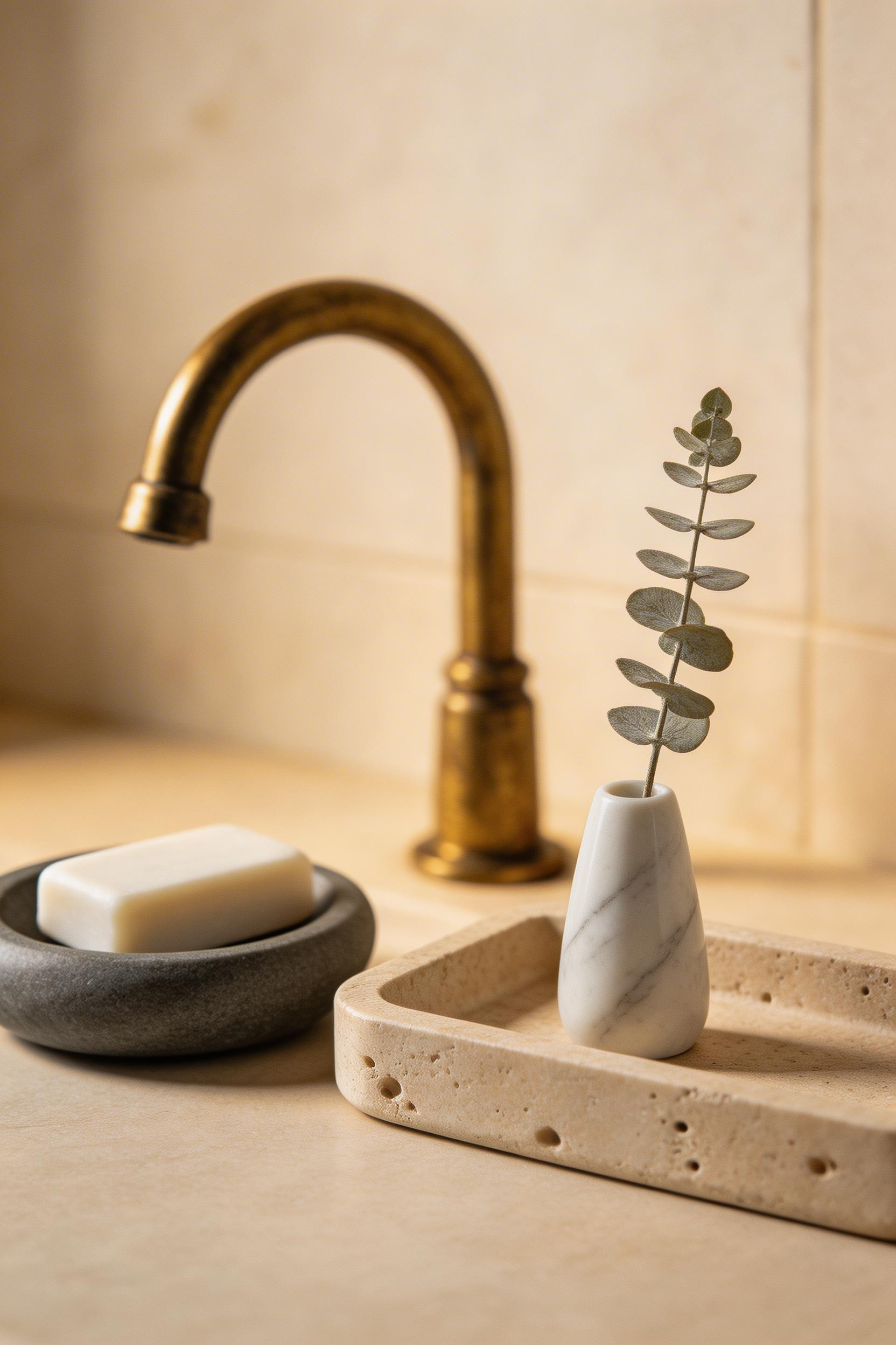Soapstone, travertine, and marble accessories layered on a vanity surface create a grounded, spa-like quality that no synthetic material can replicate.