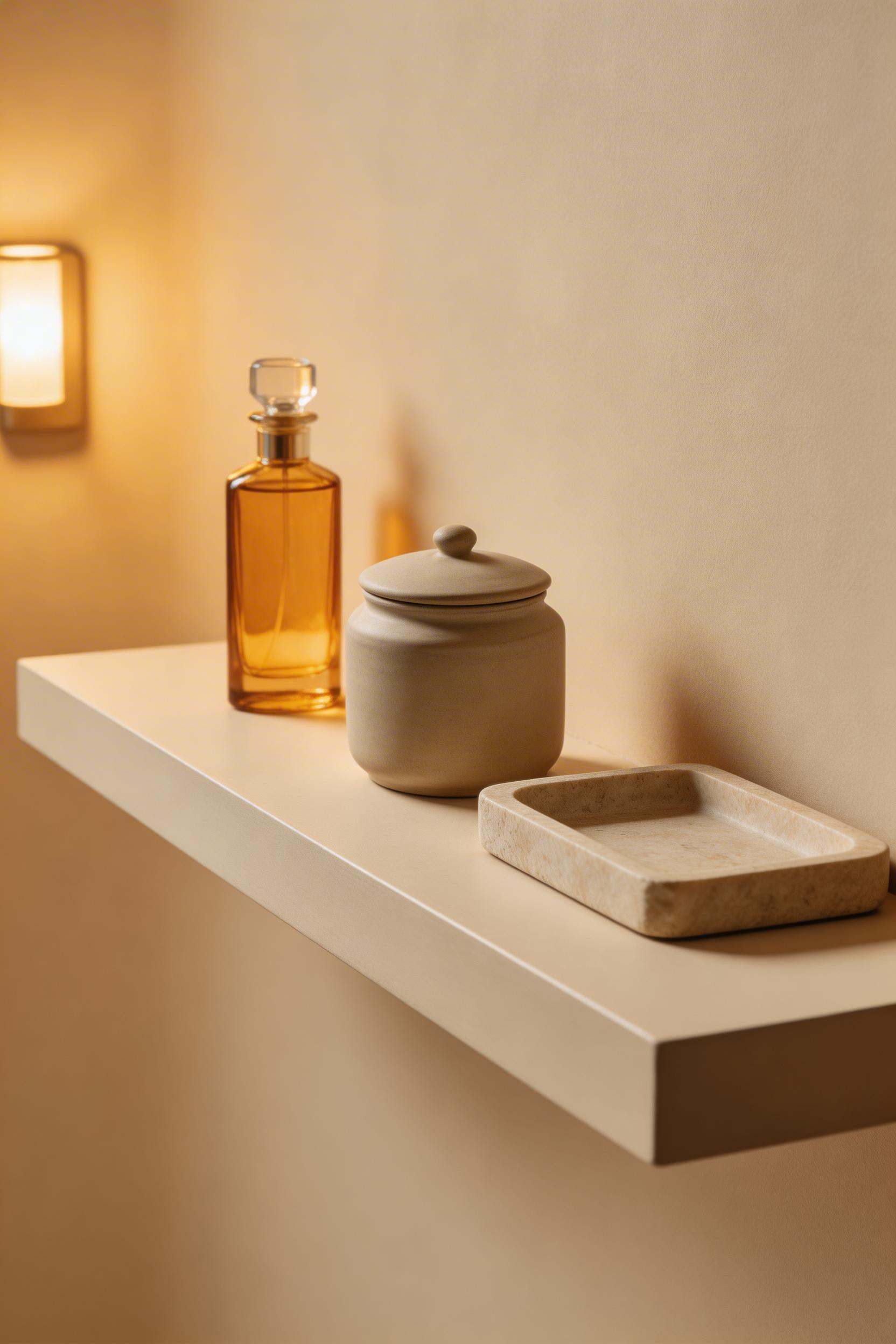 A three-tier bathroom shelf vignette — tall perfume bottle, mid-height ceramic jar, low stone tray — with generous negative space between objects shows that a styled surface is about what you leave out as much as what you include.