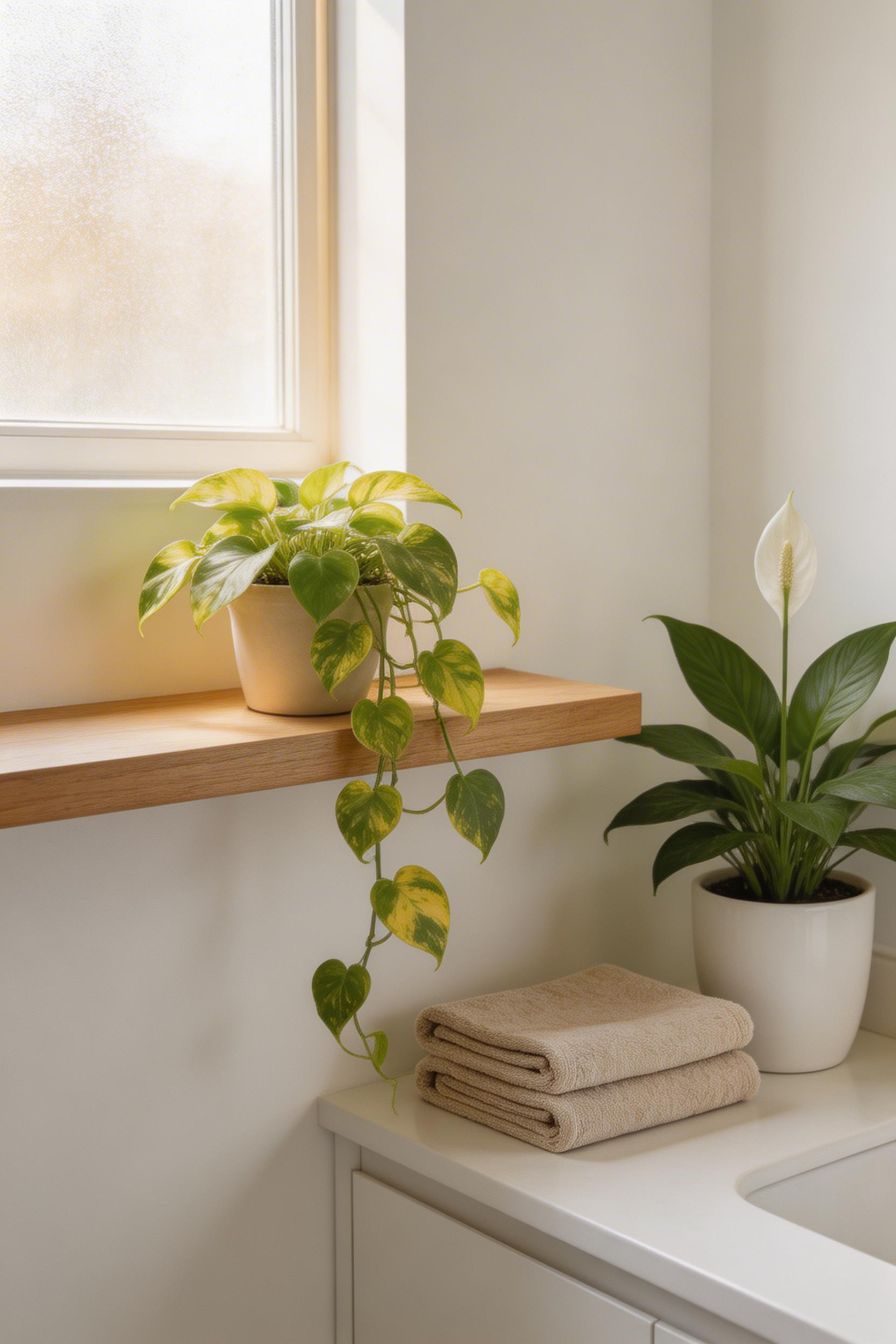 A trailing pothos on a floating shelf and a peace lily on the vanity bring quiet biophilic life to a bathroom without requiring natural light or intensive care.