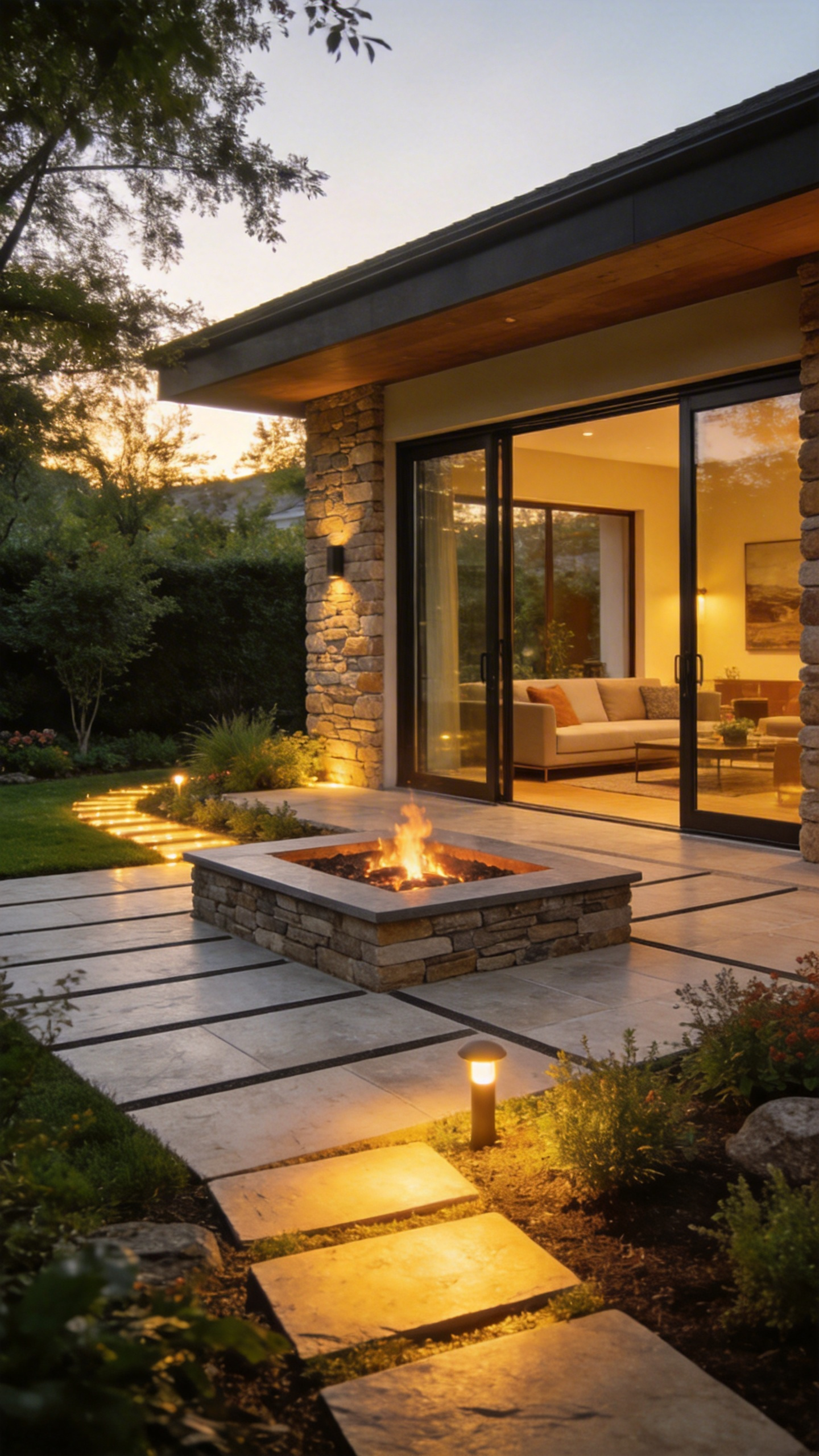 A modern stone fire pit integrated into a large flagstone patio that flows directly from the glass doors of a contemporary home.