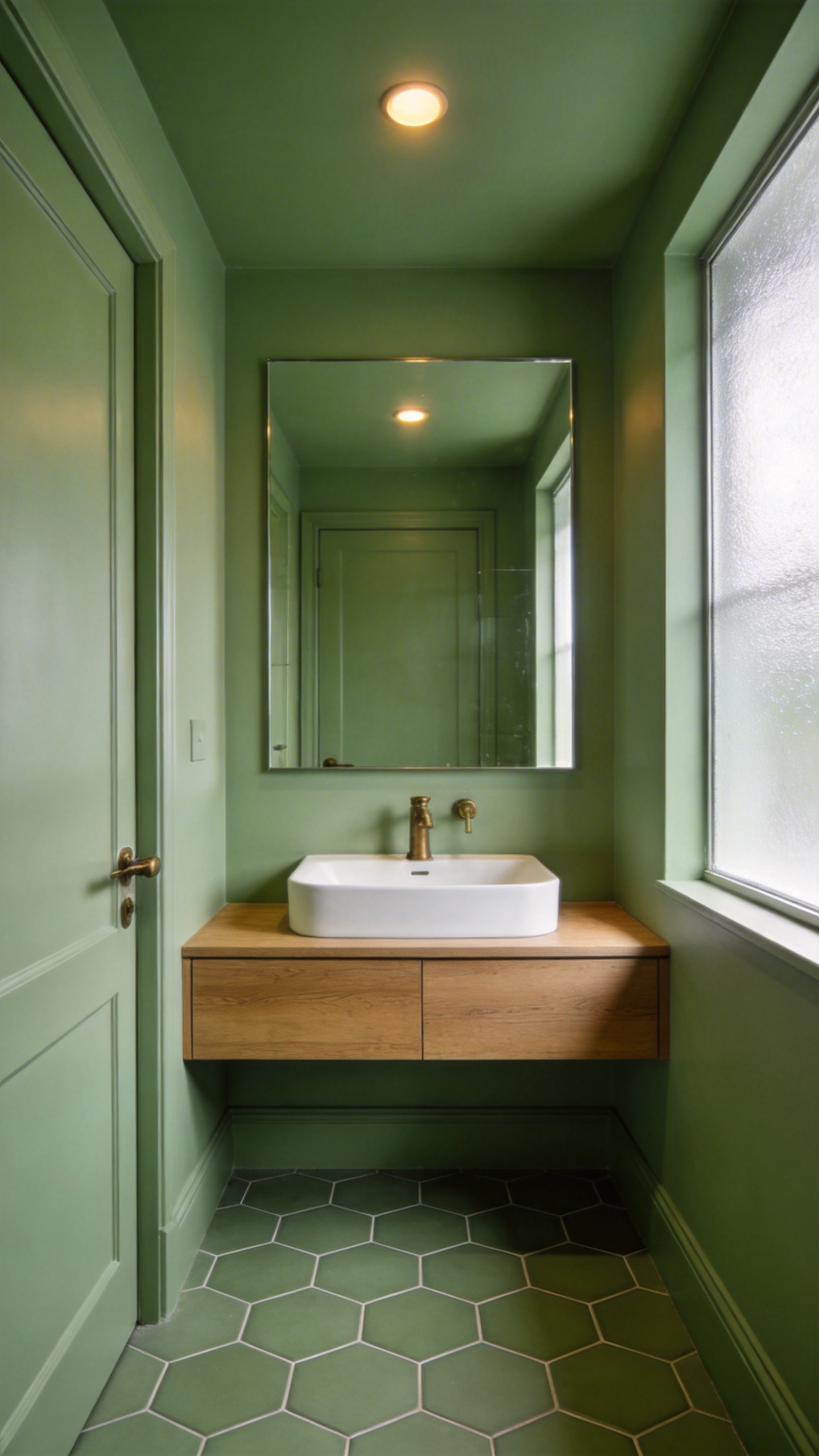 A small bathroom featuring color drenching with walls and ceiling painted in a uniform sage green to reduce spatial anxiety.
