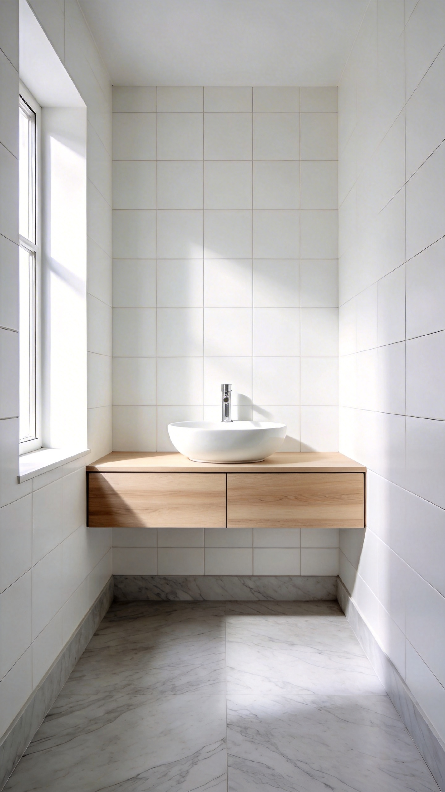 A minimalist small bathroom design featuring a wooden floating vanity over a continuous marble floor to create a sense of spaciousness and energy flow.