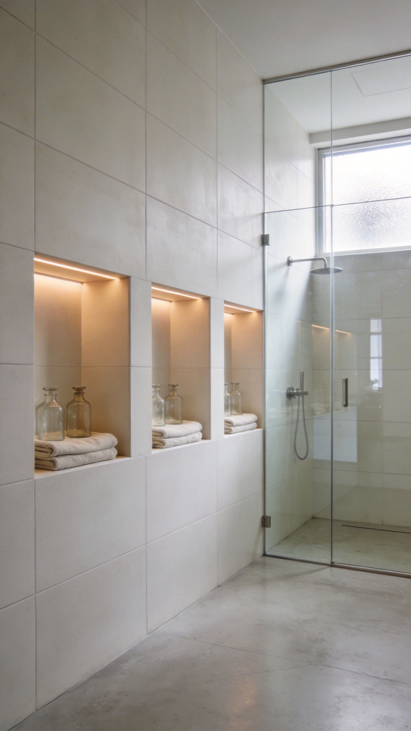 A bright and minimalist small bathroom featuring recessed wall niches for storage to create a clean and flush architectural look.