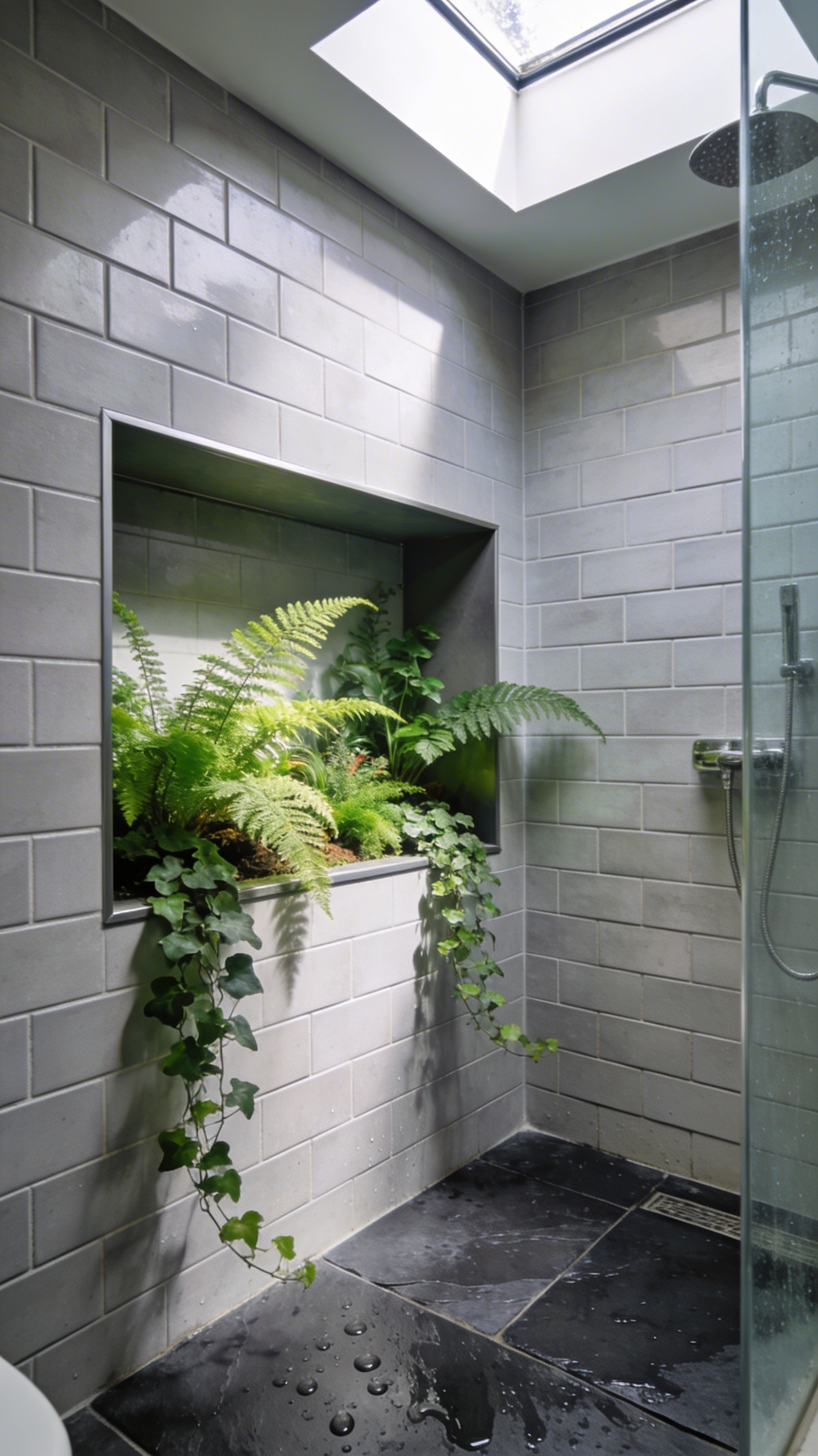 A modern small shower featuring a recessed wall niche filled with lush green air-purifying plants and ferns.