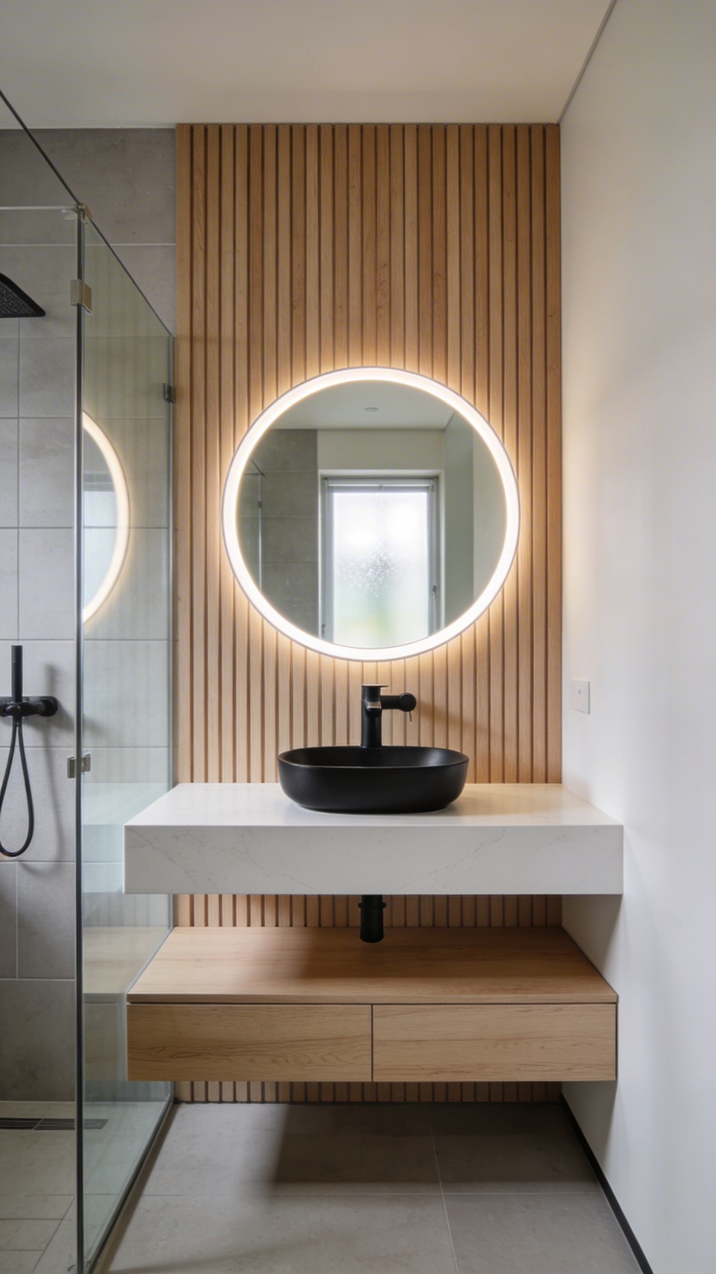 A modern small bathroom featuring a vertical light oak slat wood wall behind a white floating vanity and a round backlit mirror.
