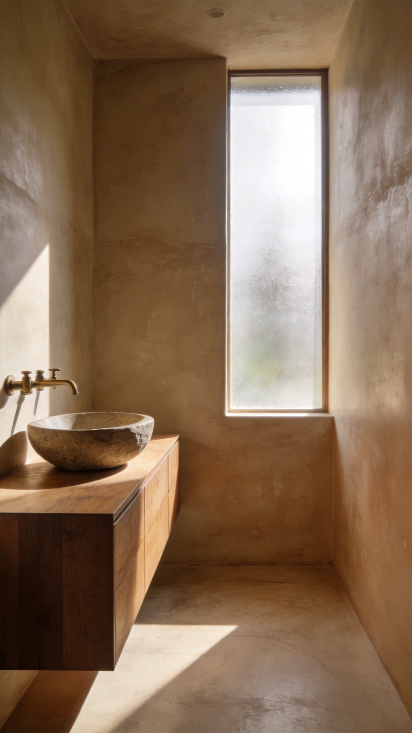 A small modern bathroom with seamless waterproof Tadelakt mineral plaster walls in a warm sand color featuring a stone sink and brass fixtures.