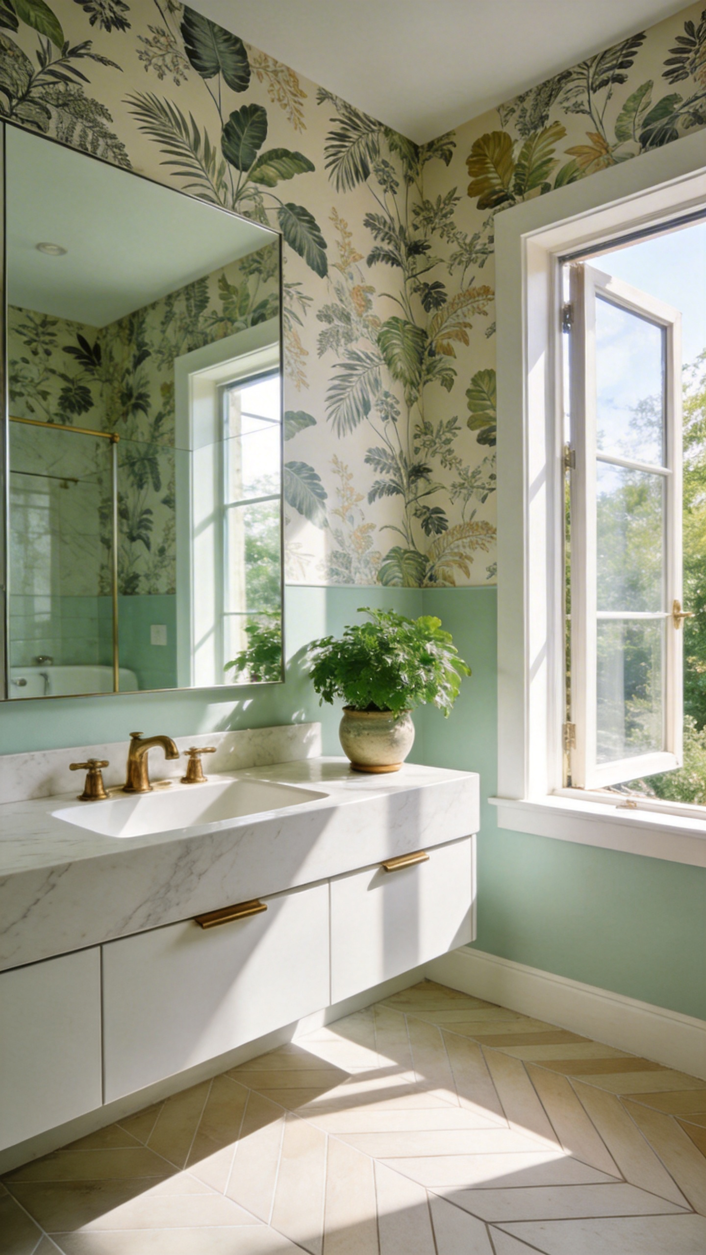 A bright and airy bathroom featuring sustainable botanical wallpaper and a marble vanity under natural sunlight to represent healthy indoor air quality.