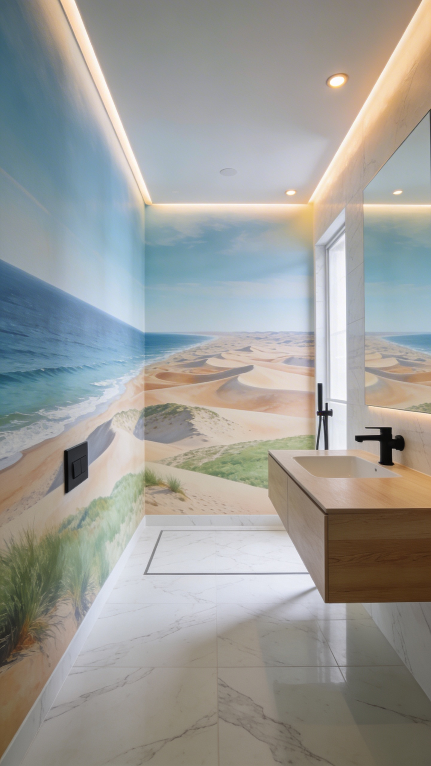 A modern windowless bathroom featuring a large wall mural of a vast coastal landscape to create an airy sense of space.