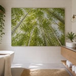 A sanctuary bathroom with a large-format forest canopy photograph as the focal point — one of the most transformative and wellness-backed approaches to bathroom art ideas available.
