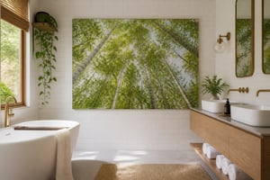 A sanctuary bathroom with a large-format forest canopy photograph as the focal point — one of the most transformative and wellness-backed approaches to bathroom art ideas available.