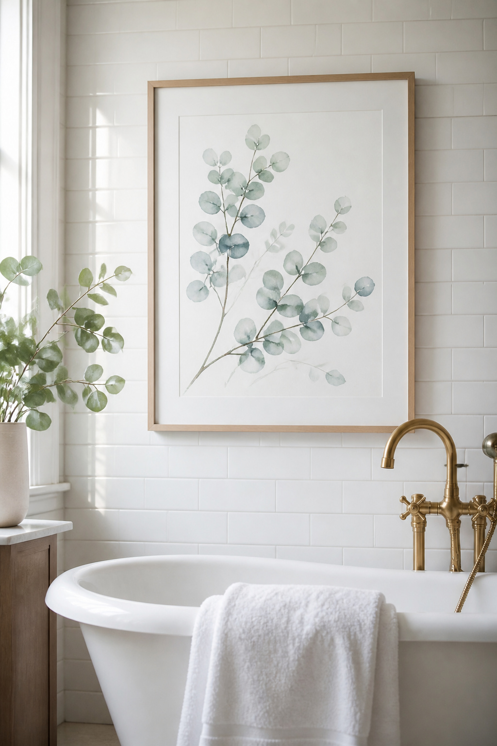 Watercolour botanical art brings inherent luminosity to a bathroom wall — the transparency of the medium, the visible paper texture, and the soft organic edges create a spa-like quality that no other bathroom art idea replicates.