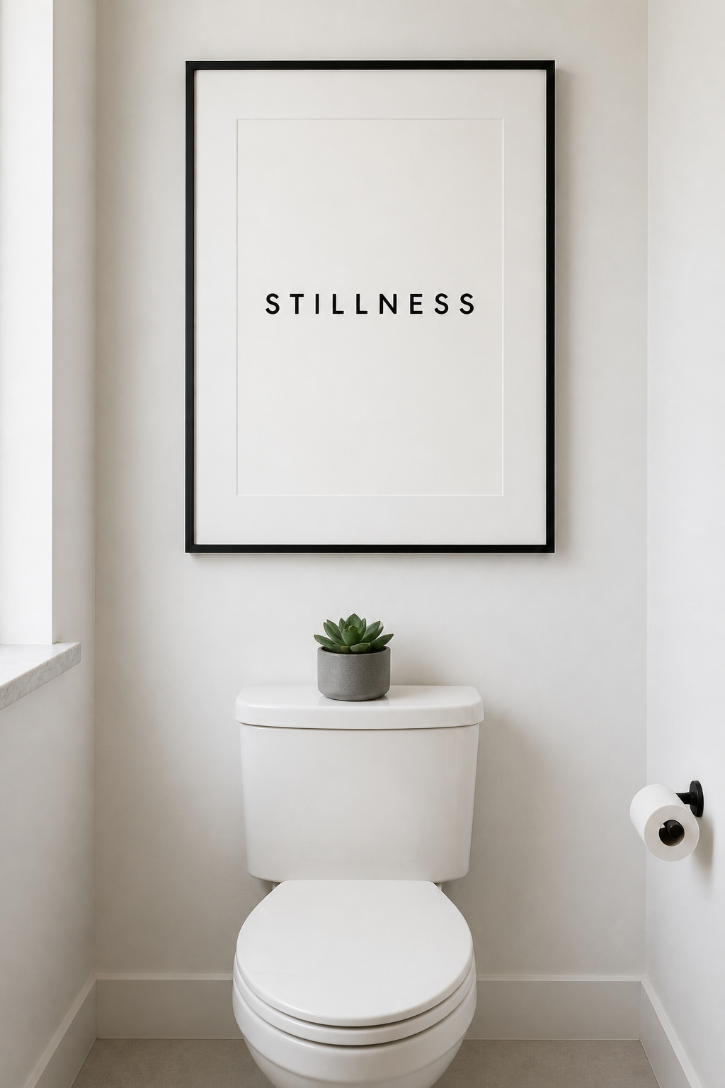 A single word in a clean typeface — here, "stillness" in Futura — brings considered typographic art to the bathroom without the visual noise of multi-line quote prints.