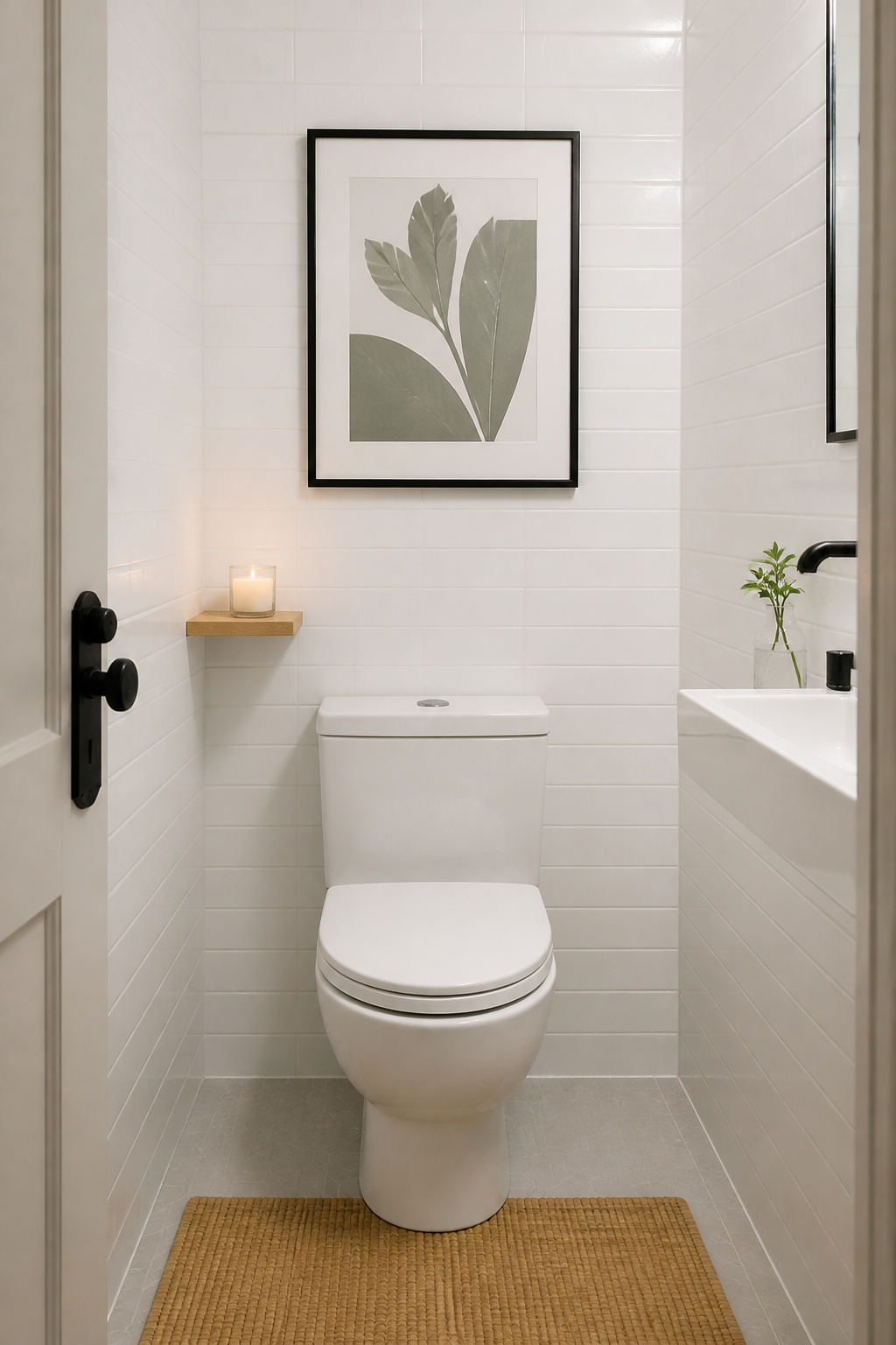 In a small bathroom, one well-sized piece above the toilet outperforms any number of small frames — the 'less and larger' principle applied to bathroom art ideas for tight wall space.