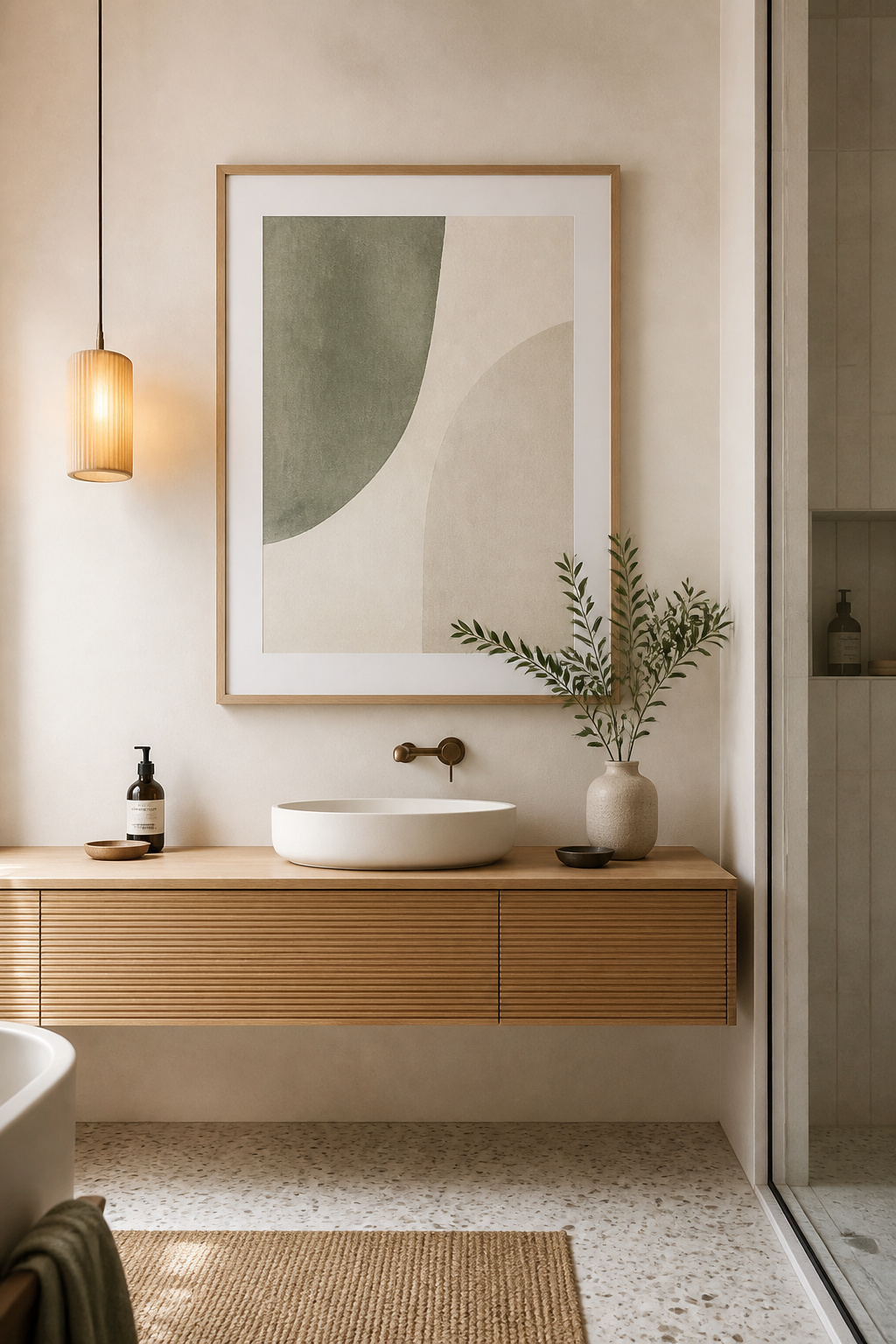 Muted abstract art in earth tones lowers visual noise in a busy bathroom — the sage green palette connects directly to biophilic design's stress-reducing colour research.