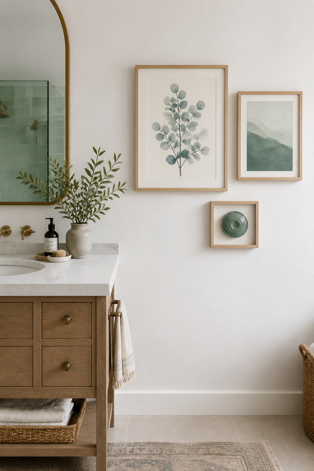 Three art pieces in a blue-green colour family — varying in saturation from pale mint to deep sage — create a monochromatic grouping that gives a bathroom wall immediate visual coherence and rest.