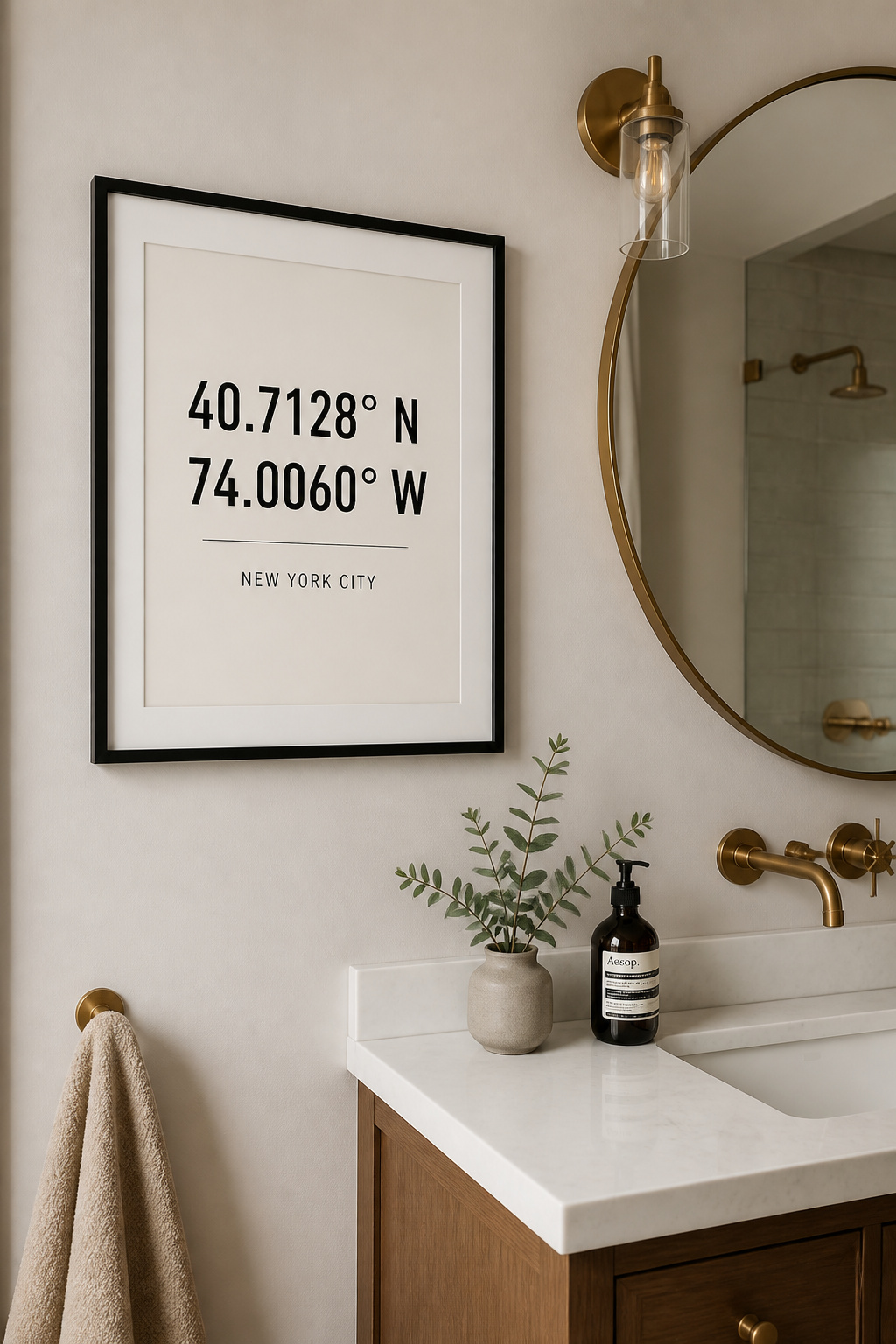 GPS coordinate art transforms a bathroom wall into something specific to the person who lives there — the latitude and longitude of a meaningful place, rendered as clean typographic art.