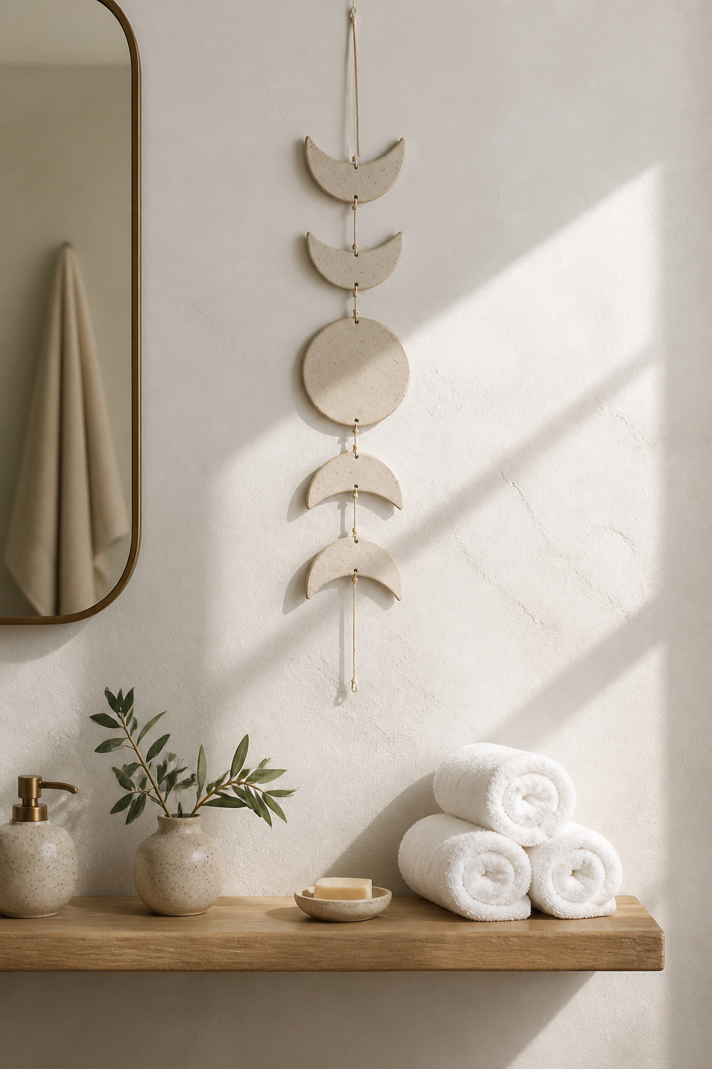 Handmade stoneware wall hangings cast real shadows that shift with bathroom lighting — a dynamic, tactile quality that fundamentally changes how a bathroom wall feels.