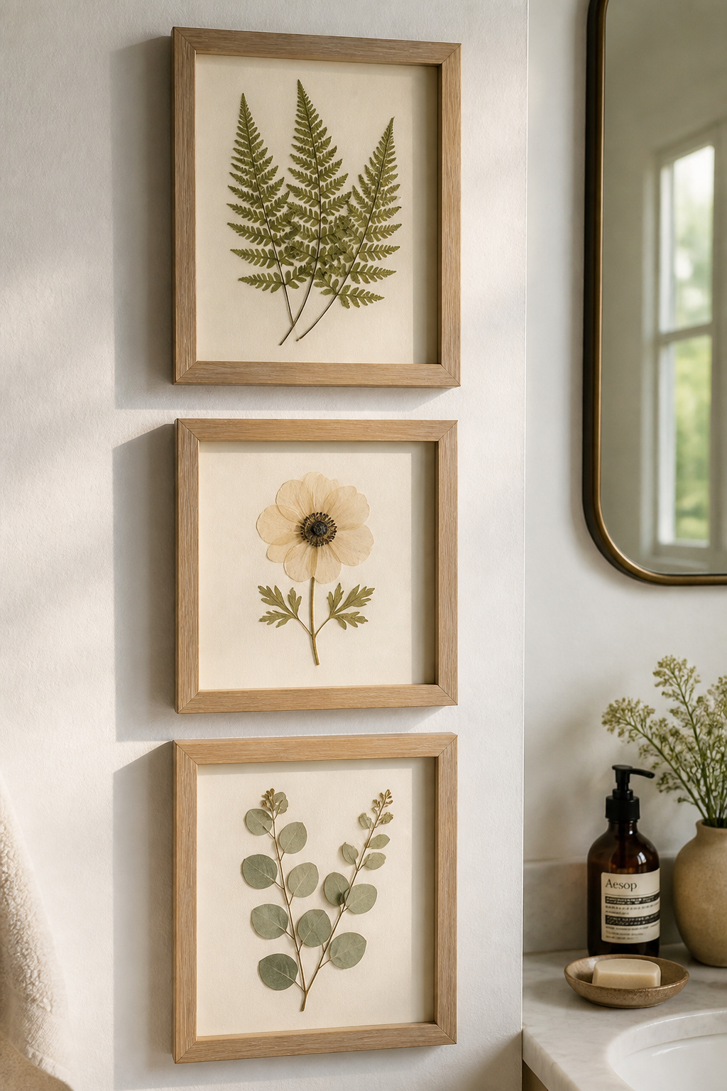 Real pressed botanicals in sealed frames bring the authenticity of genuine plant material to the bathroom wall — each specimen unique, each one a small moment of the natural world preserved.