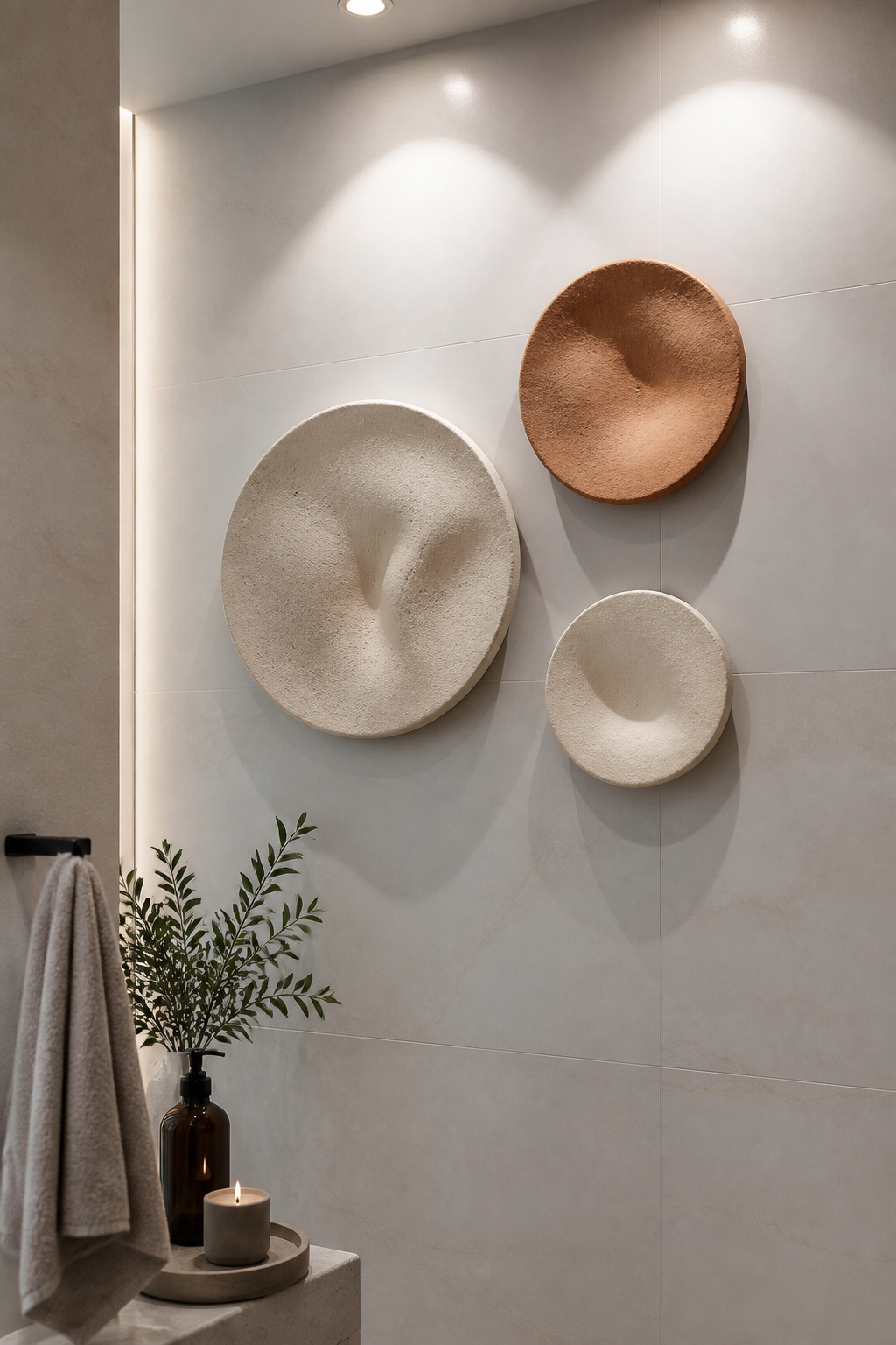 Three-dimensional ceramic wall pieces cast real shadows that shift with bathroom lighting — creating the kind of dynamic sensory richness that fundamentally changes the experience of a tiled bathroom wall.