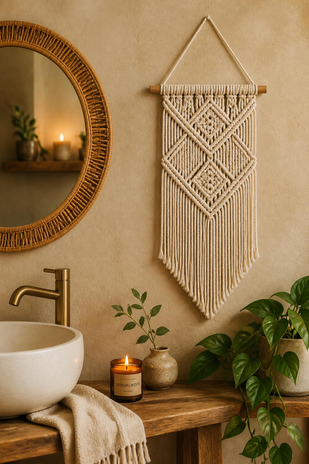 A macramé wall hanging introduces the only genuinely soft texture to a hard-surfaced bathroom — the contrast of knotted natural fibre against tile creates warmth no framed print can replicate.