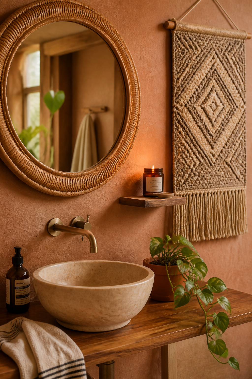 A rattan mirror and woven seagrass panel bring direct material connection with nature to the bathroom wall — the biophilic principle of natural material contact, not just nature imagery.