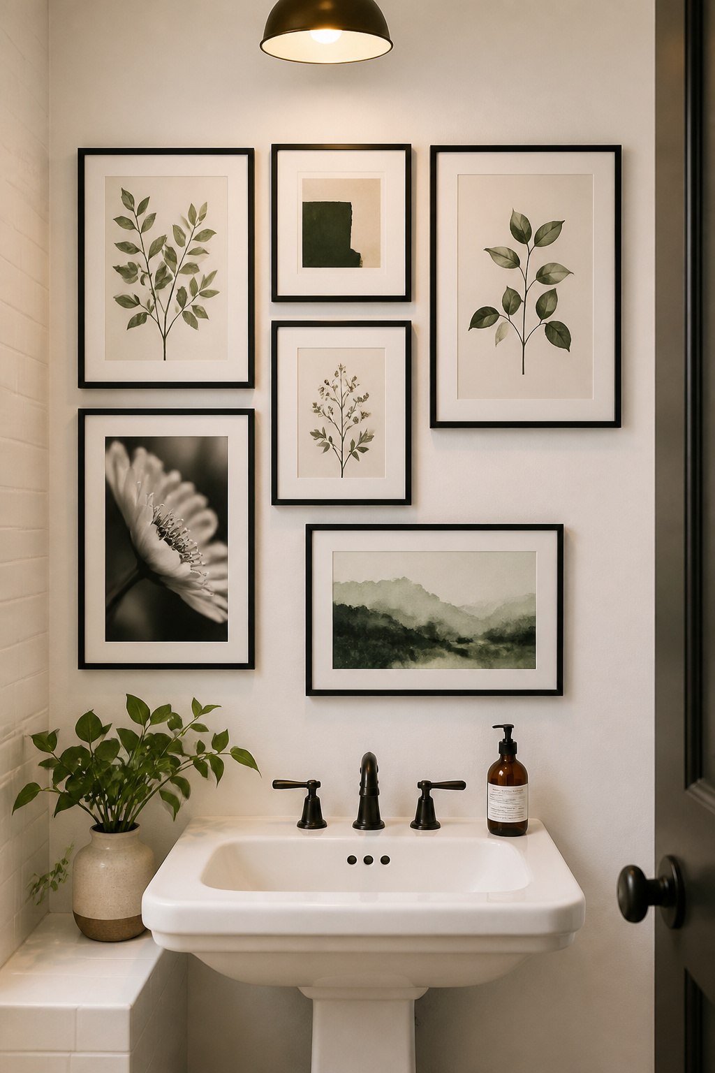 A gallery wall of matched black frames with botanical and abstract art creates a personal focal point in the bathroom — the key is consistent frame finish and 3 inches of spacing between every piece.